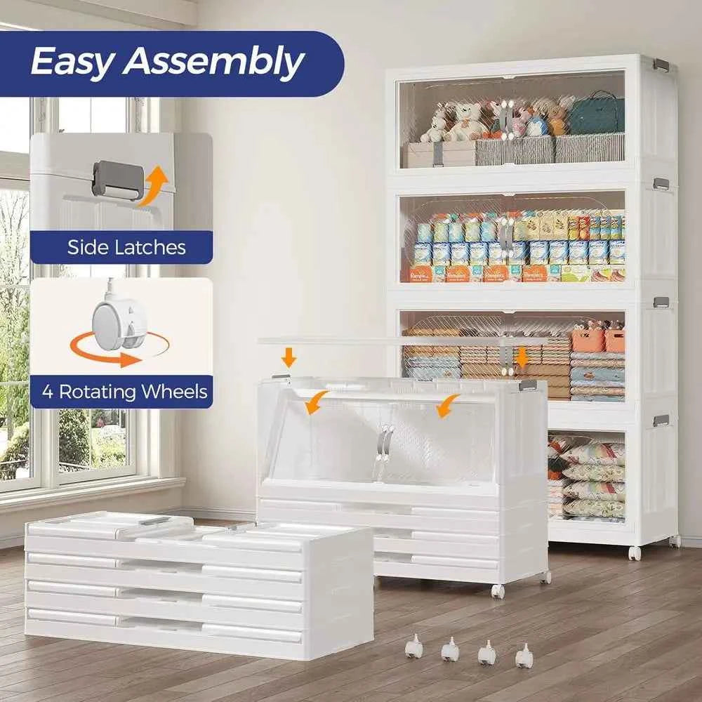 Extra Large Stackable Storage Bins with Lid, Wheels, and Collapsible Closet Organizers, 4-Pack White