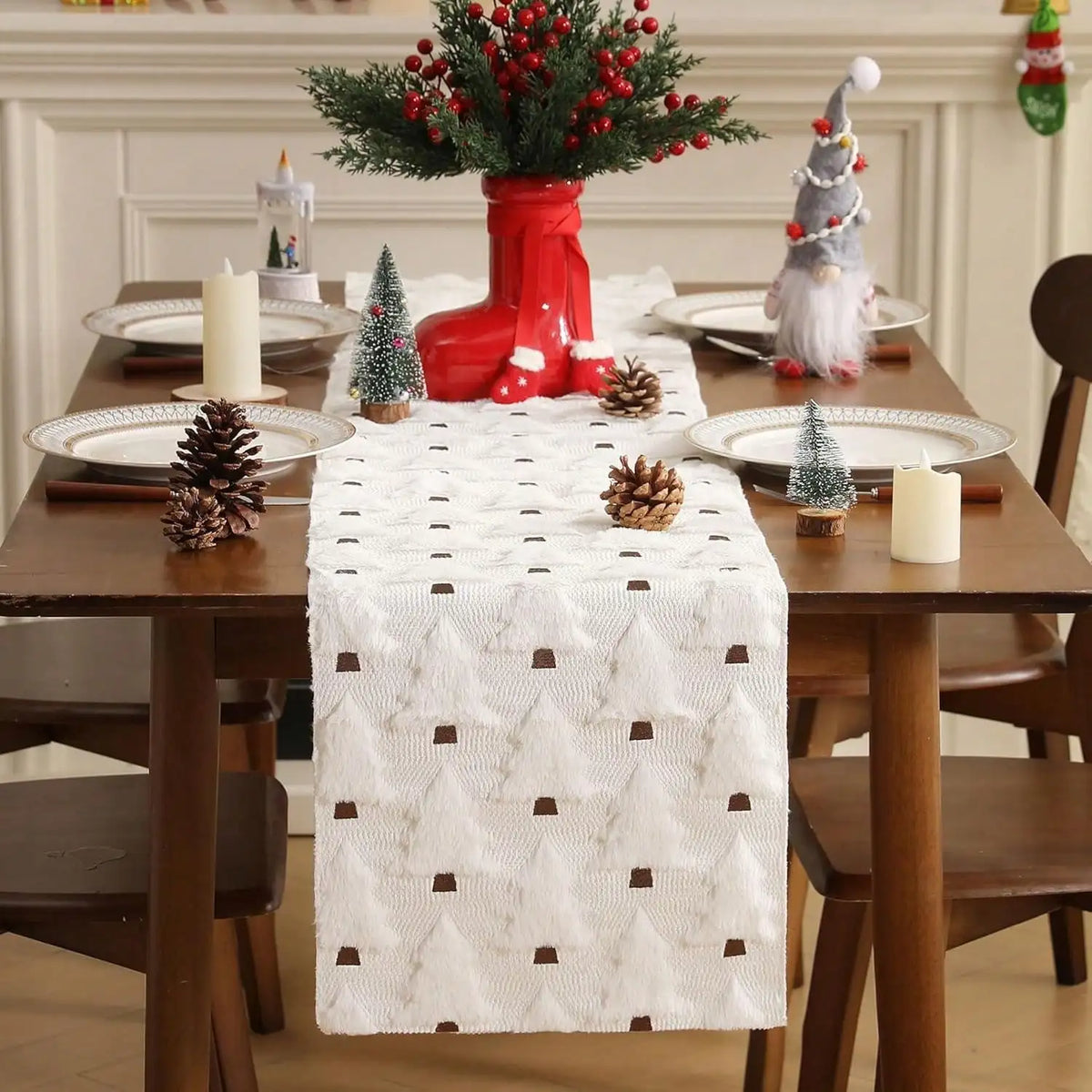 1pc Christmas Table Runner, 13x72/13x36 Inches, Soft Plush, Faux Fur Jacquard Red Christmas Tree Table Runner,