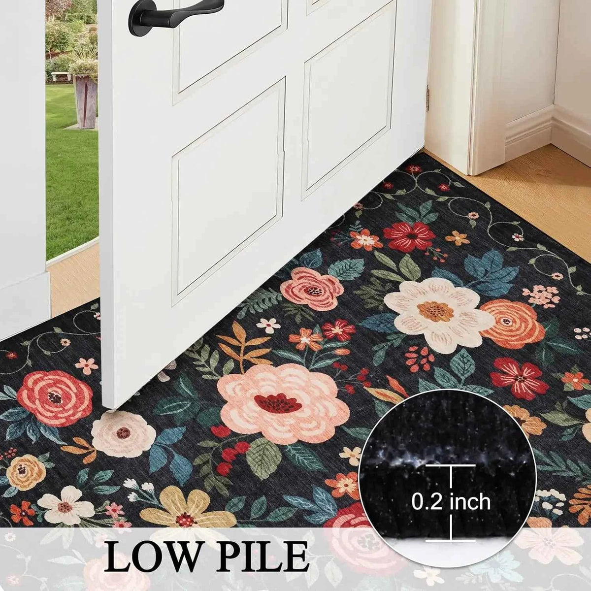 Round Floral Area Rug, Washable, Non Slip, Black, Small, & Round Carpet. For Living Room Bedroom Kitchen Entryway Home Decor