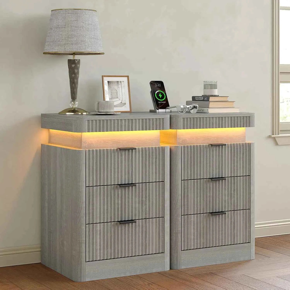 Fluted Nightstand Set of 2,3 Drawers,LED Light & Sliding Top & USB Charging Station,Bedside Table, Custom