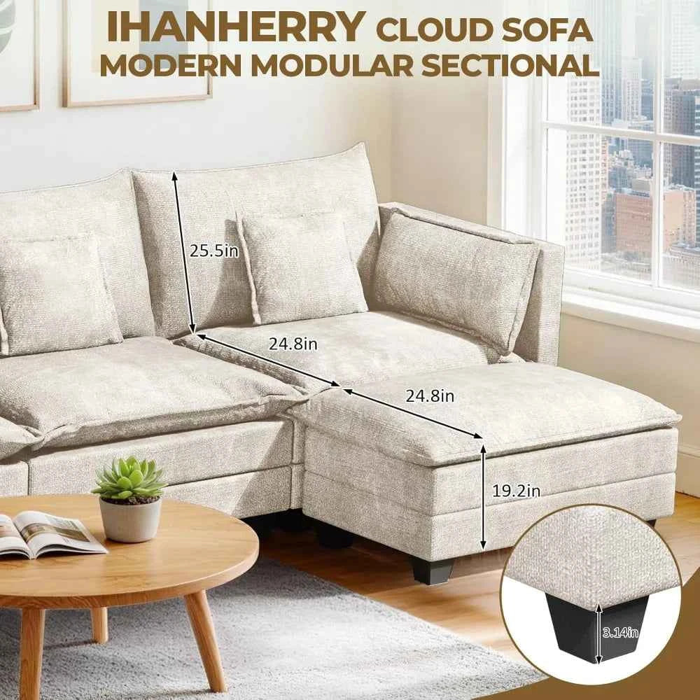 112.5" L-Shape Modular Sofa with Ottoman, Deep Seat Sleeper, 3 Throw & 2 Arm Pillows, Upholstered Furniture , Custom