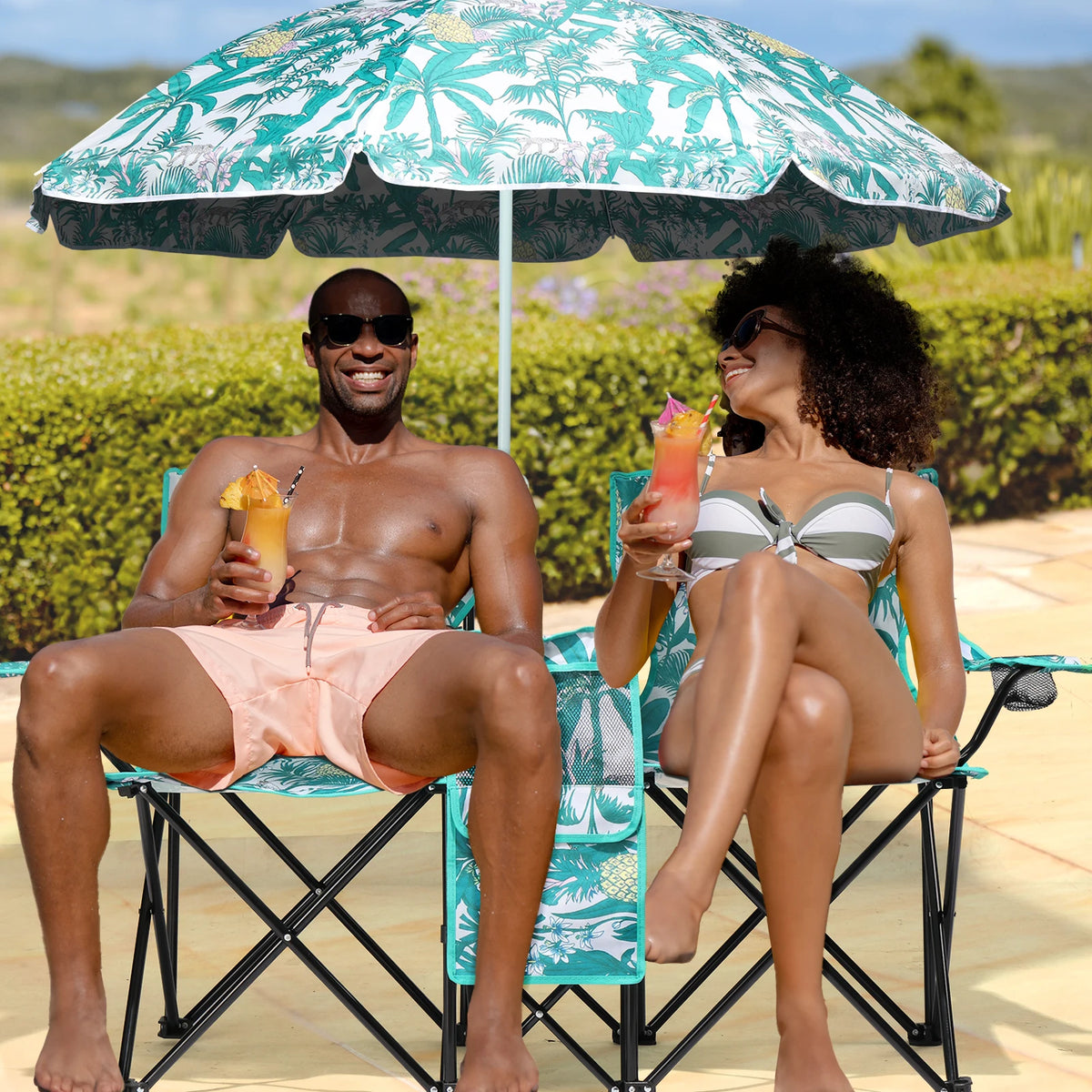 Portable Outdoor 2-Seat Folding Chair with Removable Sun Umbrella, Pineapple