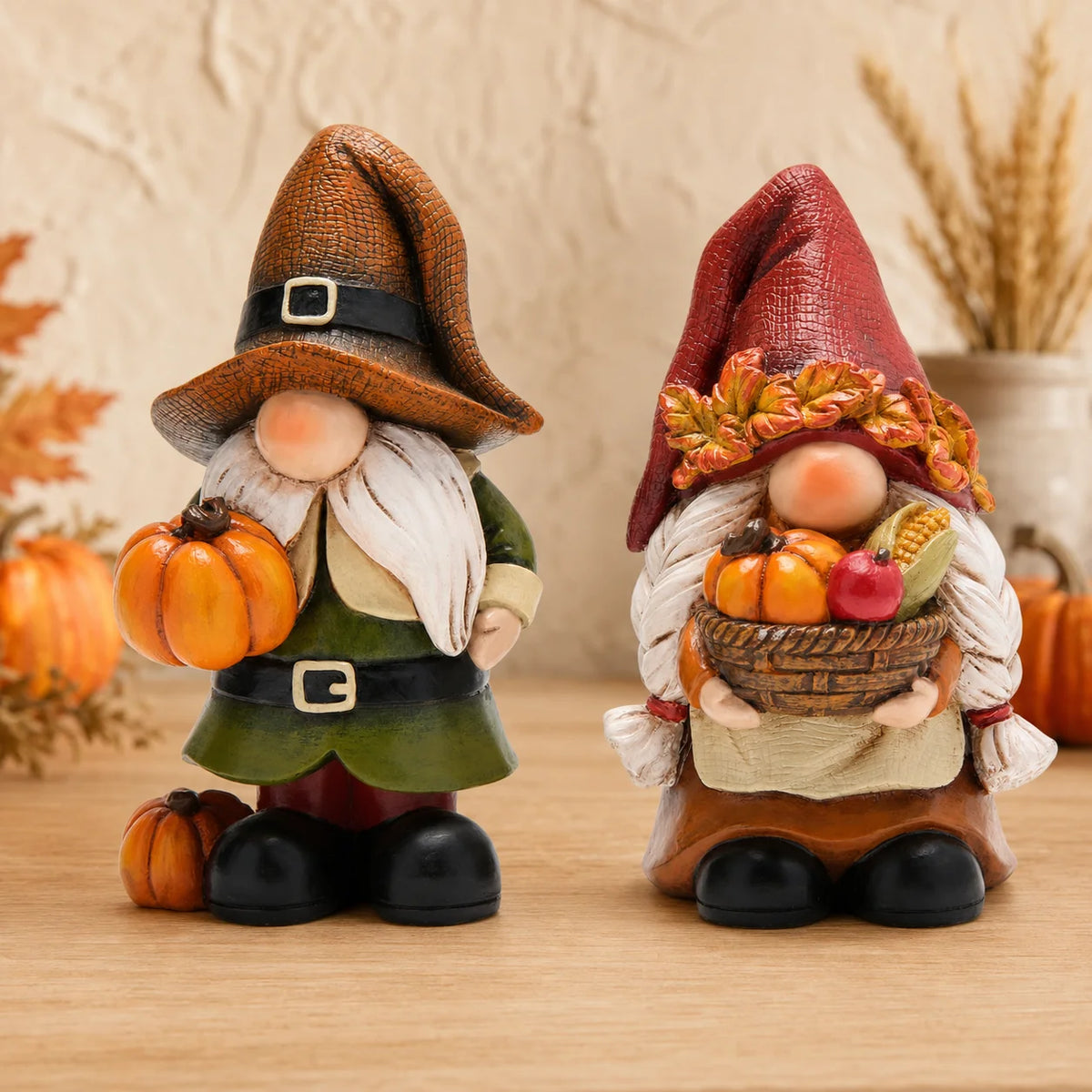 Hodao Resin Fall Gnome Figurine Set, 2-Piece Thanksgiving Gnome Figure Model with Pumpkin, Harvest Basket, Autumn Leaves and White Beard, Collectible Tabletop, Shelf Sitter Decor for Fireplace Mantel, Tiered Tray Home Display