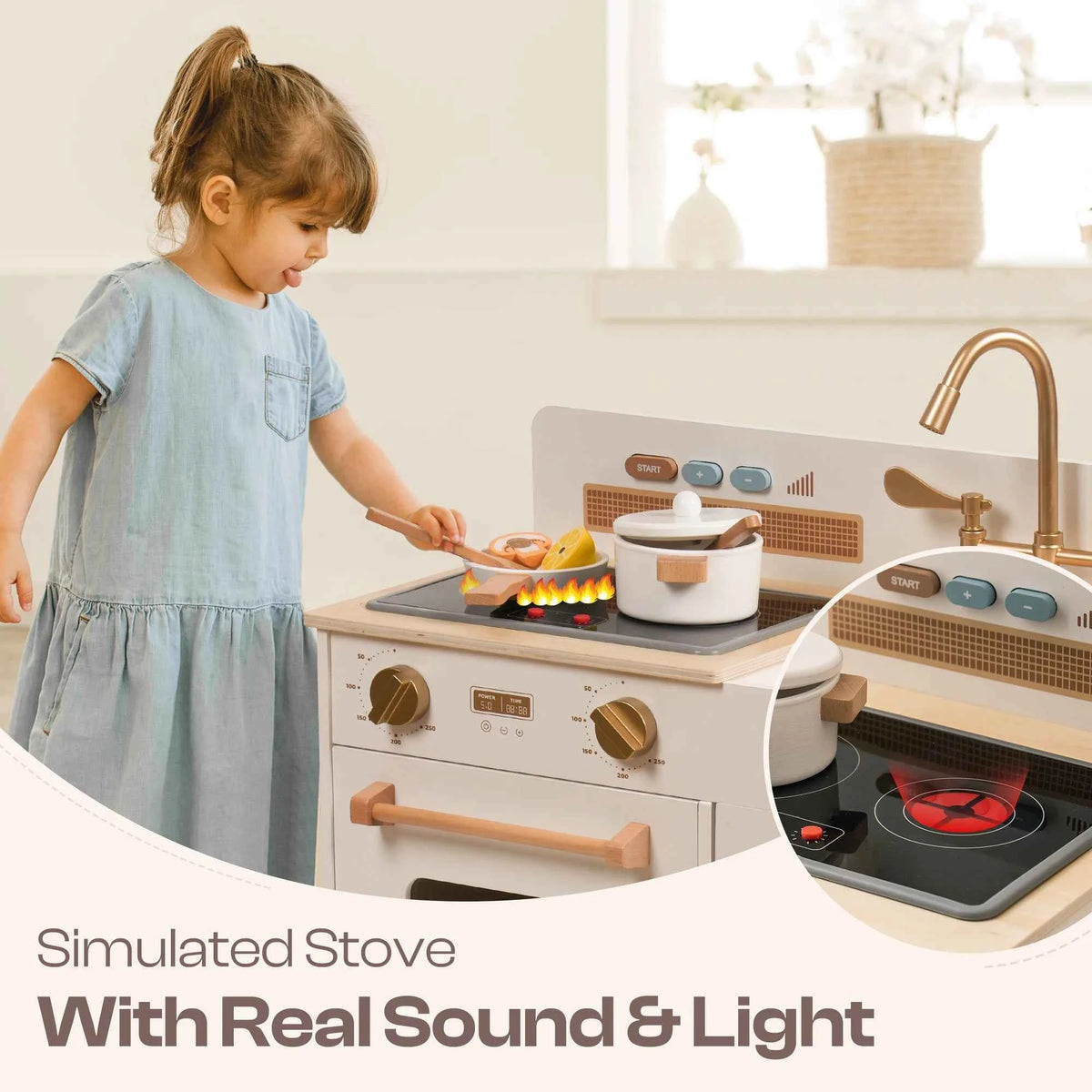 ROBUD Wooden Kids Kitchen Playset with Sound, Light, Stove, Oven Pot, and Utensils. Educational Role Play Toy Gift for 3-6 Years, White