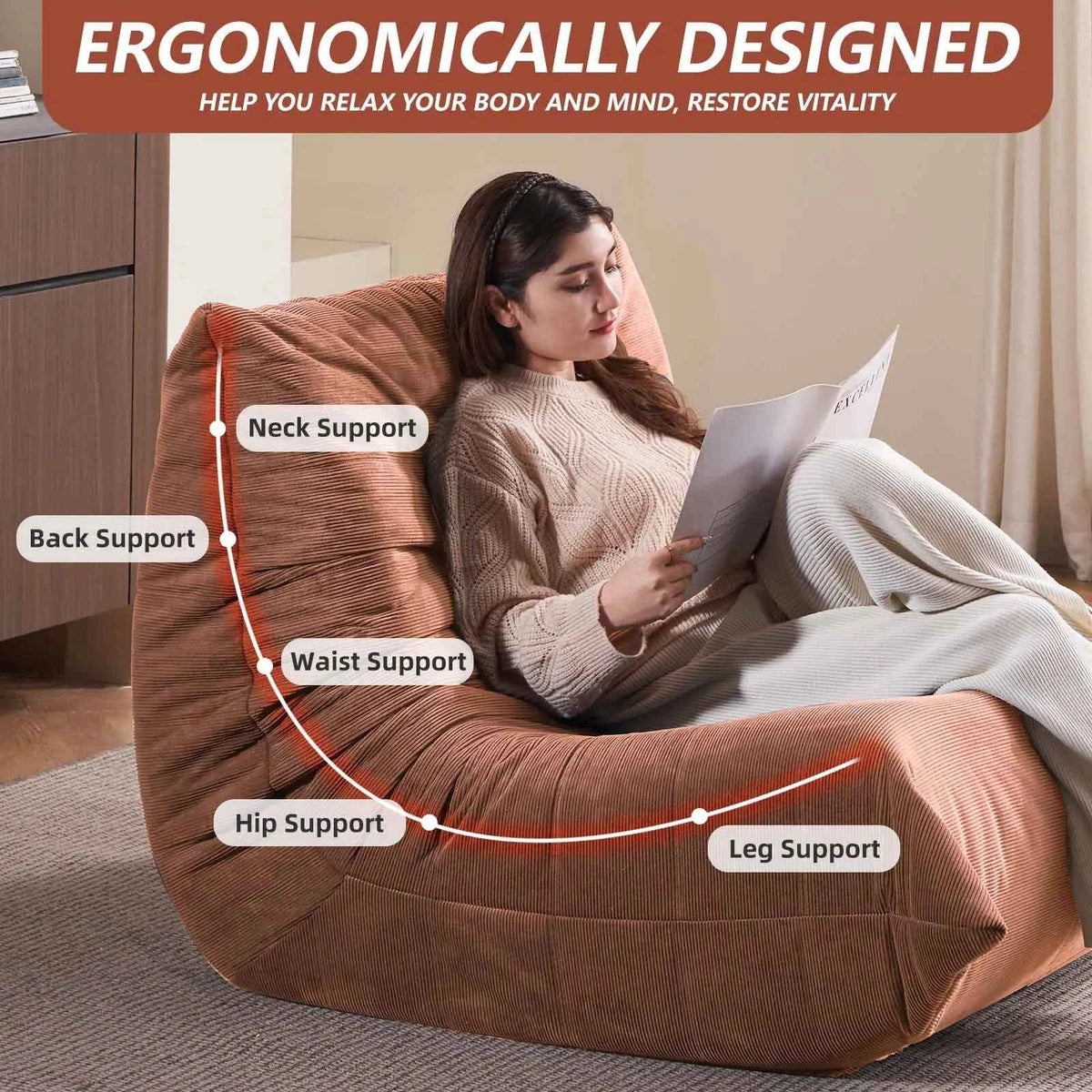 Ergonomic Oversized Bean Bag Chair ，removable zipper cover and non-slip base,  Big Memory Foam Lazy Sofa, Non-Slip Compression  Chair For Living Room, Bedroom