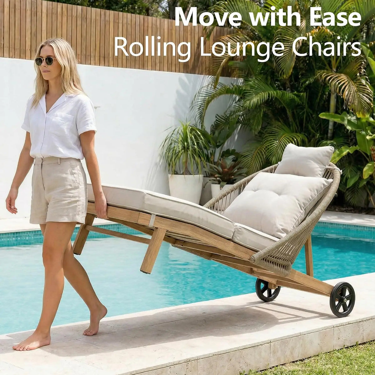 Outdoor Chaise Lounge Chairs, Modern Wicker Patio Furniture.  Lounge Recliner with Wheels, All-Weather Pool Lounger for Sunbathing, Deck, Yard, Khaki