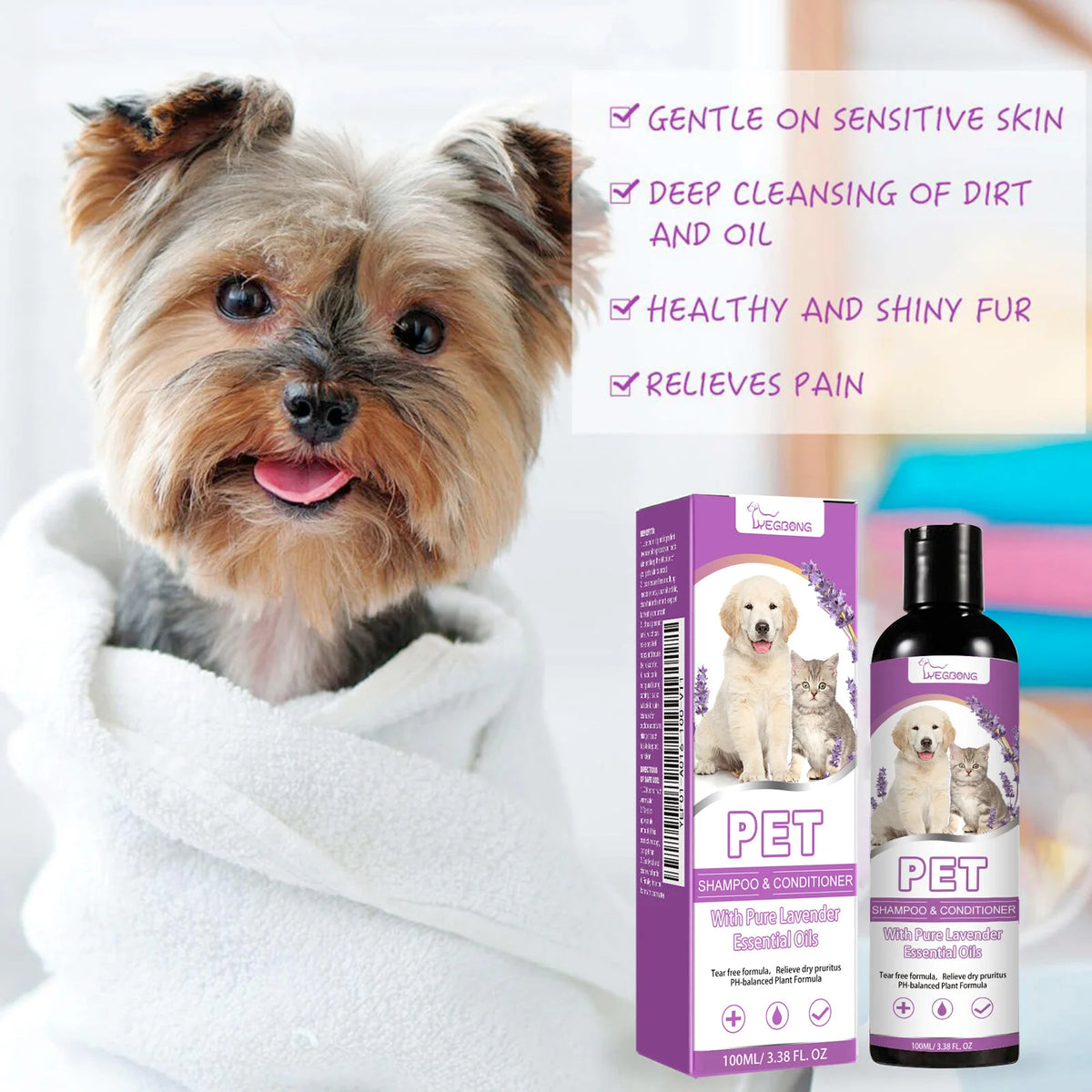 Pet Shampoo Shower Gel, for Dogs or Cats. For Soothing Itchy Animal Skin, makes Hair Smooth & helps with Detangling. Deep Cleaning Coat Care. Natural Shine. Soft Tangle Free, 100ml