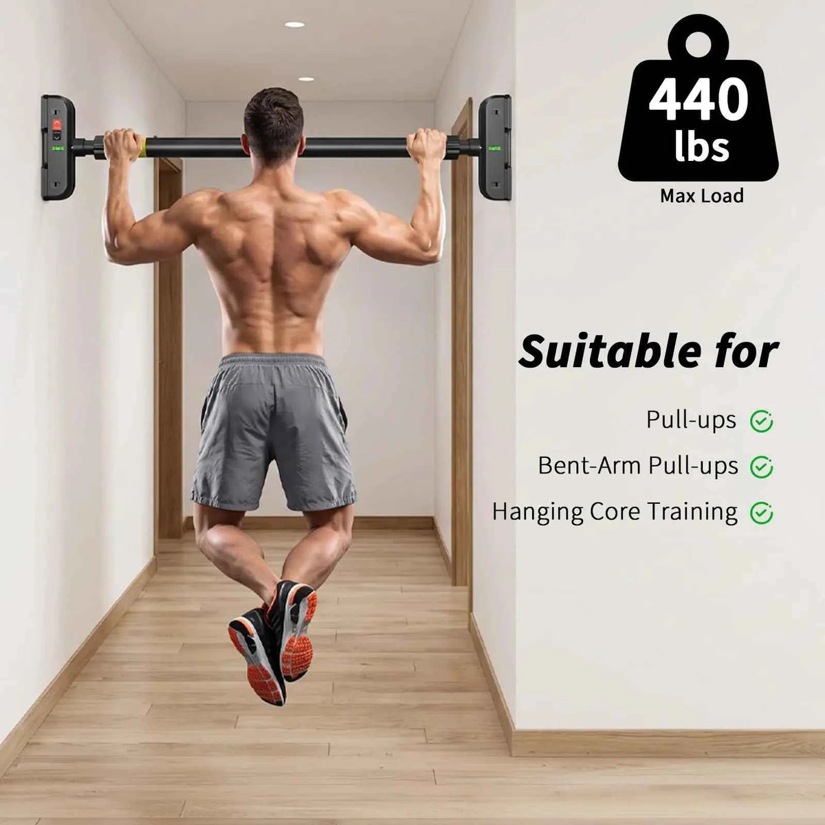 Doorway Pull Up Bar. No Screws. 440Lbs Capacity. Adjustable 72-95 Cm. Chin Up Bar With Dual Gear Lock Level Meter And Anti-Slip Pvc Pads For Home, Gym, Strength Training