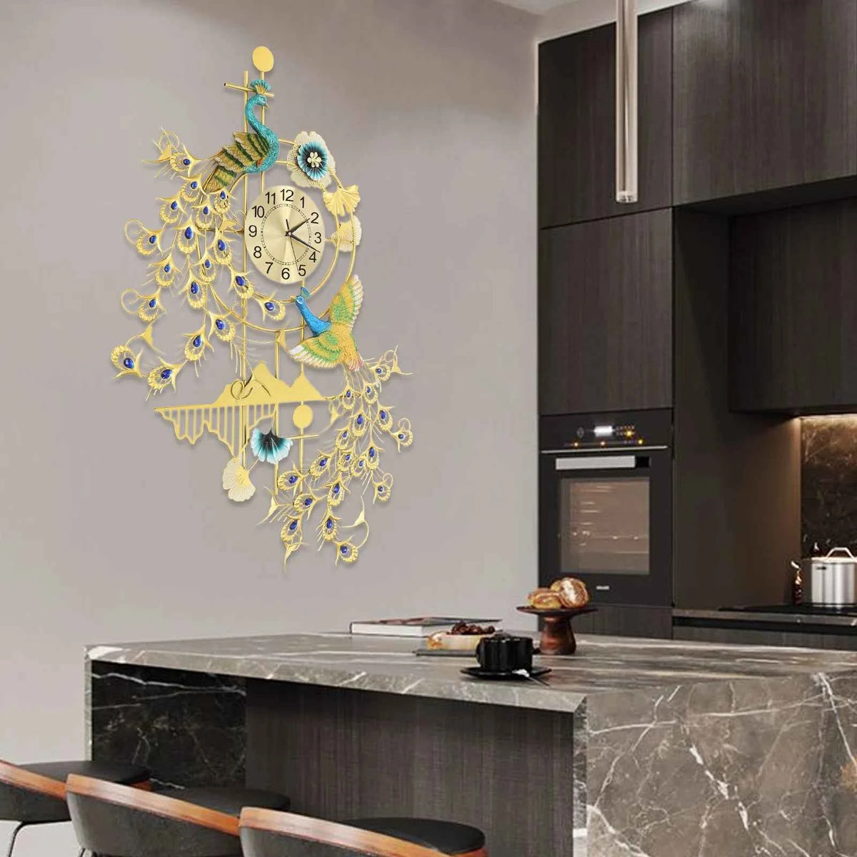 Large 80x120cm Peacock Wall Clock. Silent Quartz. Decorative Gold & Blue Rhinestone Resin Iron. Modern Art