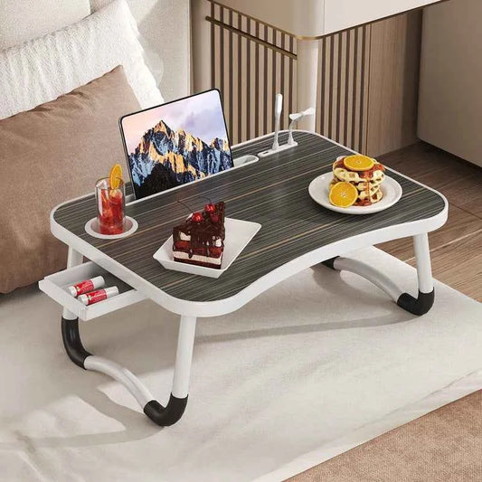 Portable & Foldable Laptop Table with Storage Drawer, Tablet Slot, & Cup Holder.