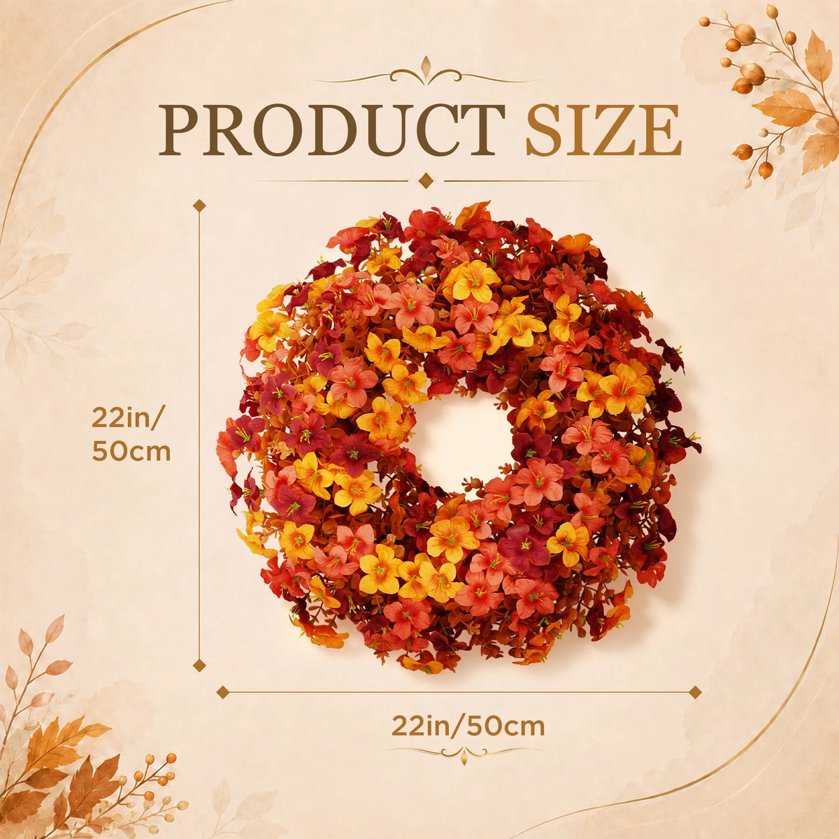 Artificial Fall Wreath 22 Inch Autumn Front Door Wreath with Orange Yellow Floral, Thanksgiving Harvest Wreath for Porch, Wall, Fireplace. or Window