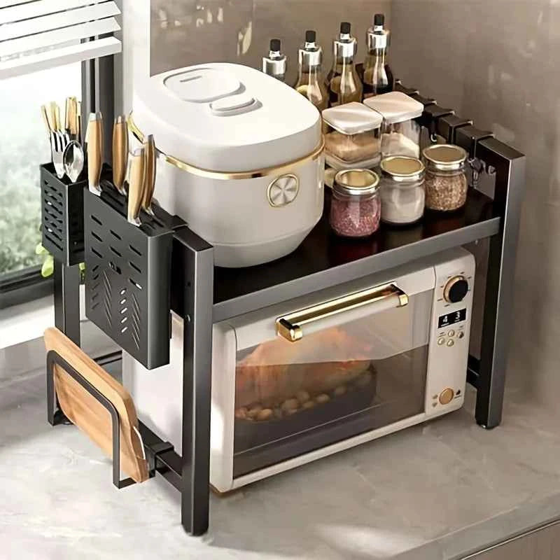 Height Adjustable Microwave Stand, Heavy Duty 2-Tier Kitchen Storage Rack with Hooks, Space Saving Countertop Organizer .
