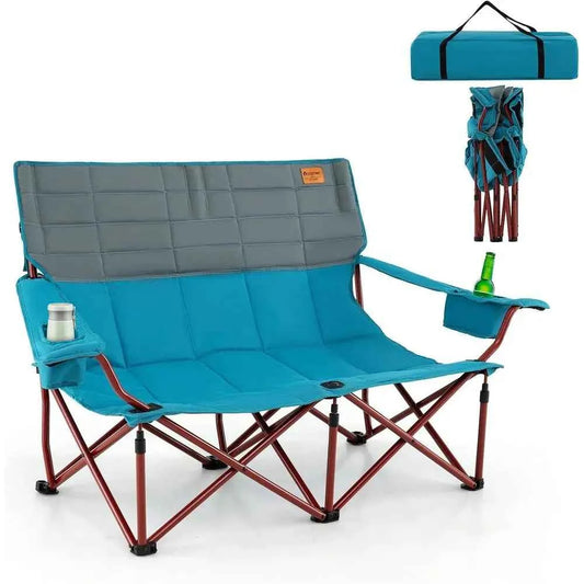 Double Camping Loveseat with Cup Holders, Thick Padding, Heavy-Duty Outdoor Chair for 2, Supports 660 LBS