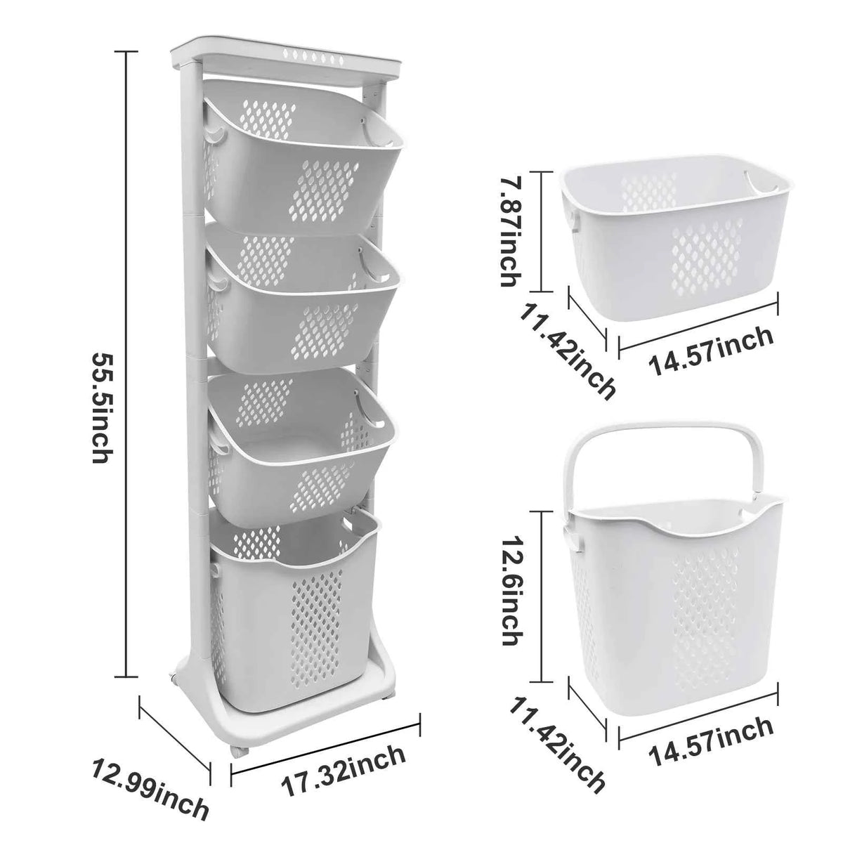 2/4 Tier Laundry Basket Cart. Removable Storage Buckets. Plastic Hamper with 4 Wheels. White