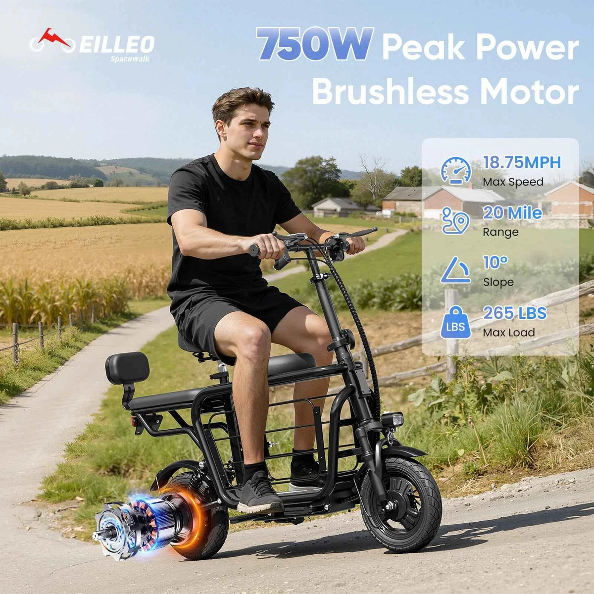 Eilleo Spacewalk 48V Electric Scooter for Adults with Large Pet Basket. 750W Motor, 18.75MPH, Foldable Commuter E-Scooter with Seat