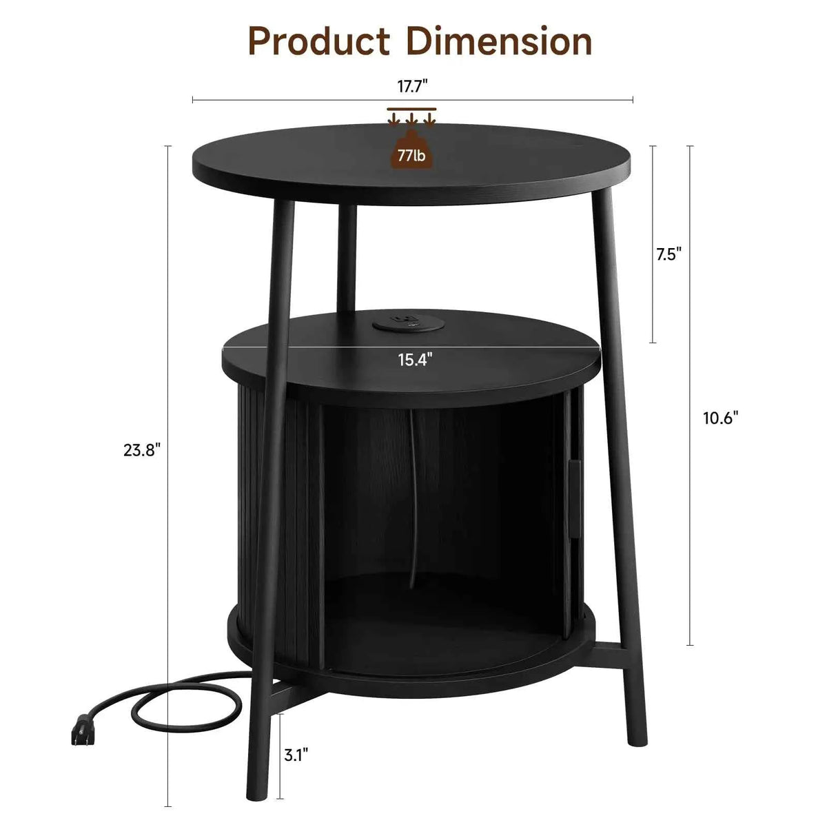 Black Small Round Side Table with Storage, Fluted Nightstand with Charging Station, Modern Bedside Tables, End Tables