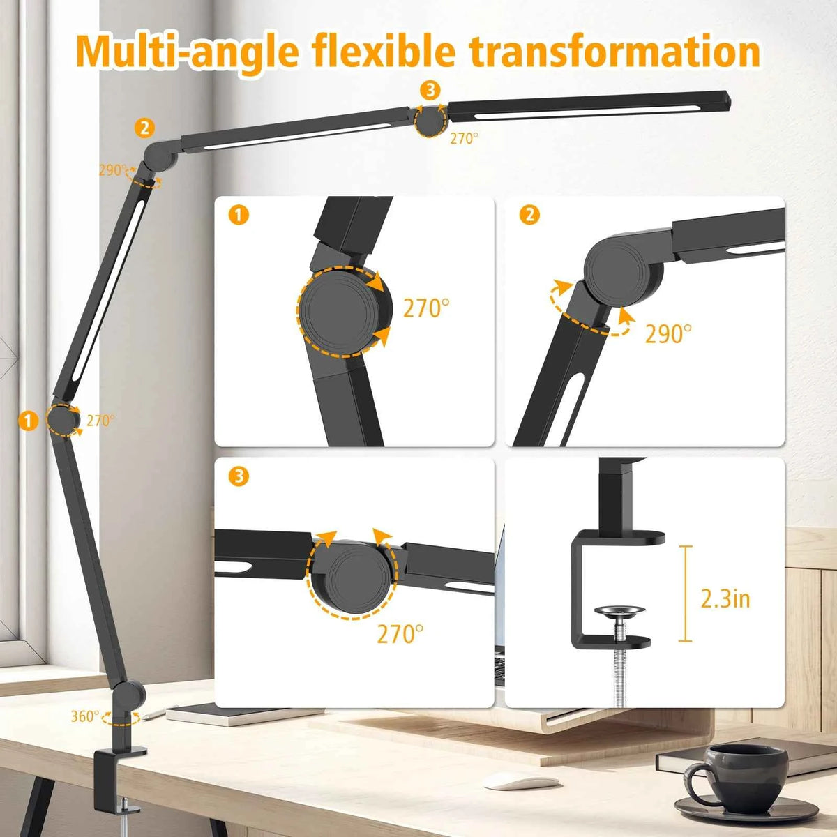 Ultra Bright LED Clamp Desk or Table Lamp, Eye Protection,  Adjustable Swing Arm, Dimmable Color Temperature. Reading Light, USB Powered. Study Lamp for Home, Office, Workbench, Makeup, Live Streaming