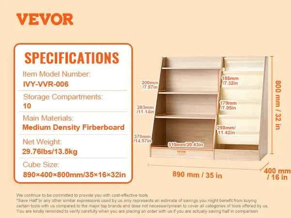 VEVOR 4-Tier Kids Wooden Bookshelf with Six-Layer Sling Bookcase.