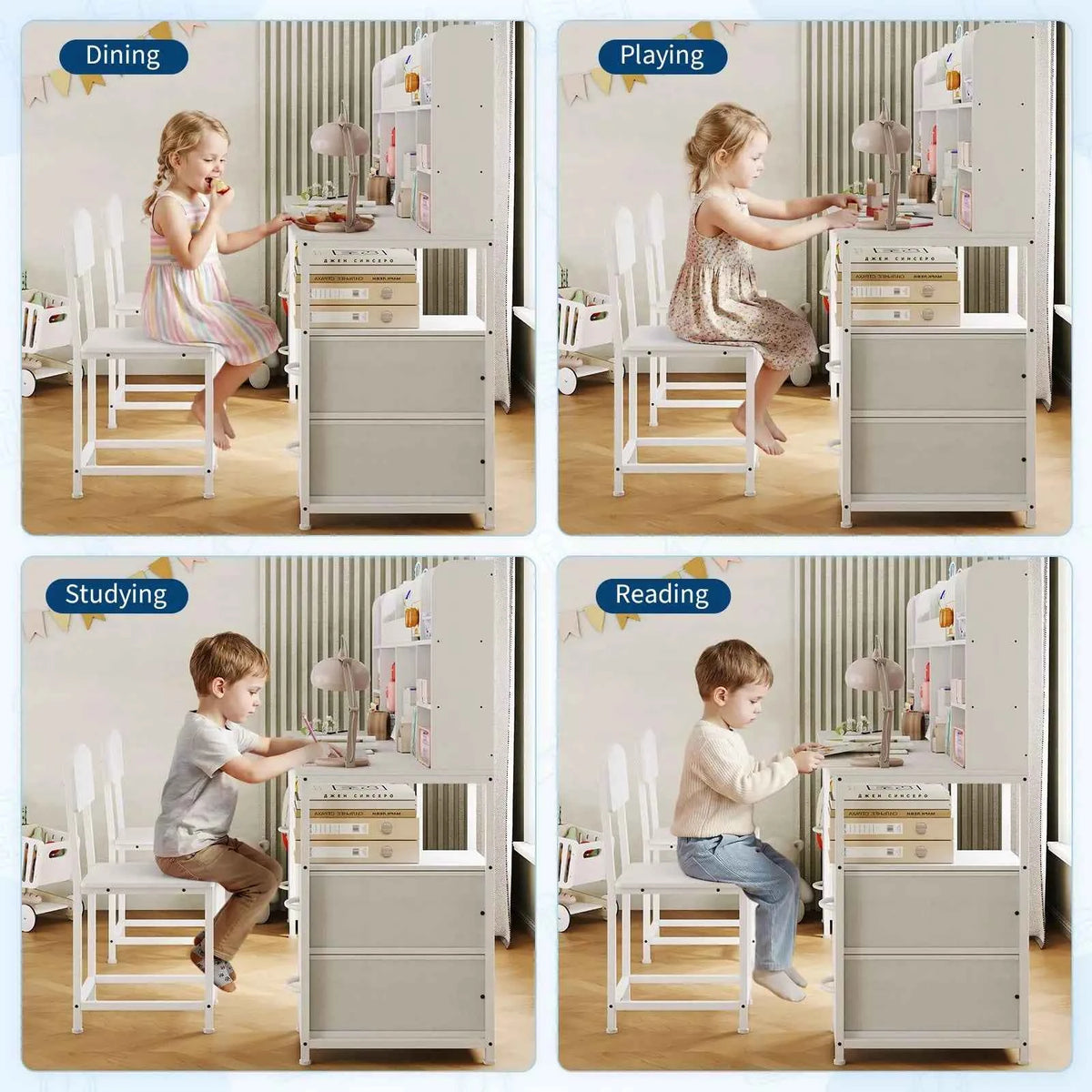 69 inch Double Kids Desk & Chair Set With Hutch, 4 Drawers, Shelves & Hooks, 2-Person Study Table Ages 6-12 Bedroom Playroom