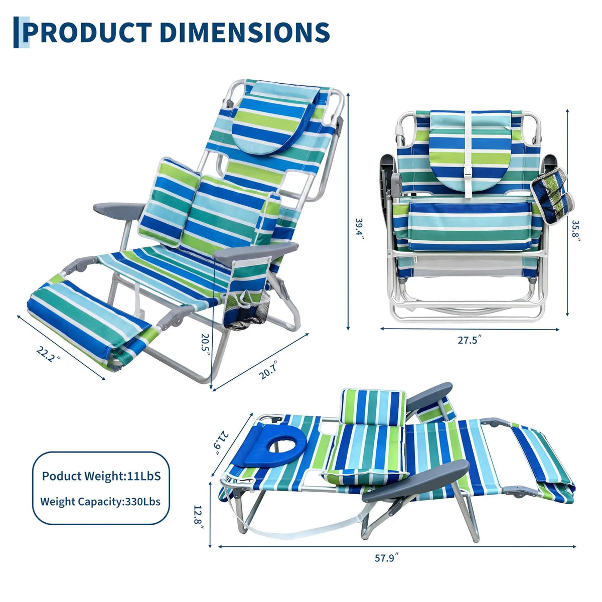 2Pcs Face Down Sunbathing Chair. Backpack Beach Recliner. Pool Lounger With Adjustable Footrest & Face Hole. Heavy Duty 330lbs
