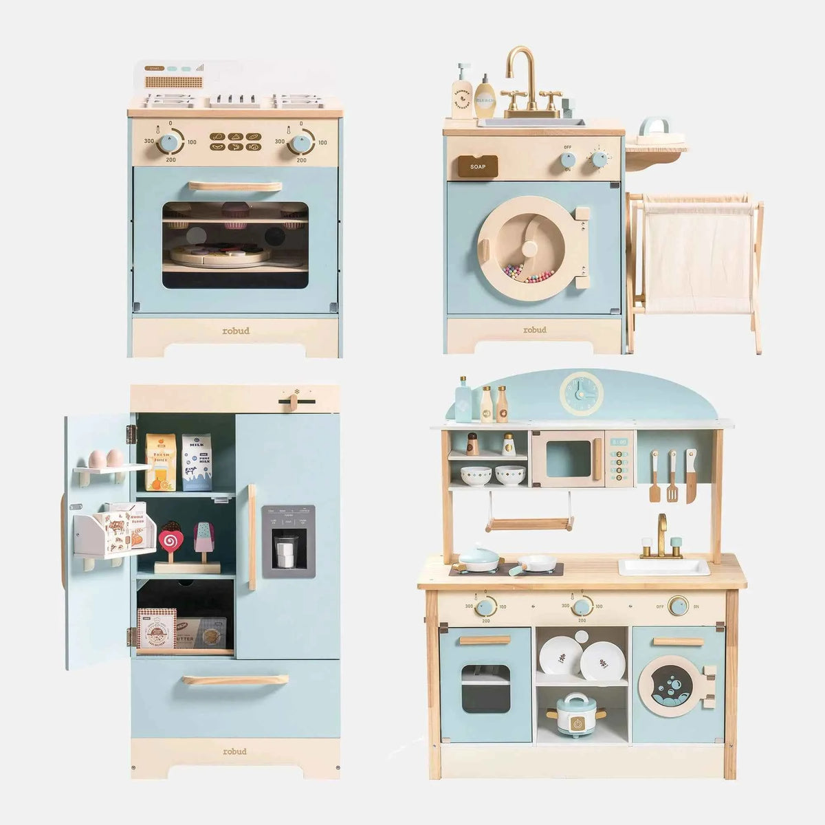 Robud Kids Wooden Play Kitchen. All in One Corner Set Includes Oven, Refrigerator, Washer. Perfect Gift for Little Chefs