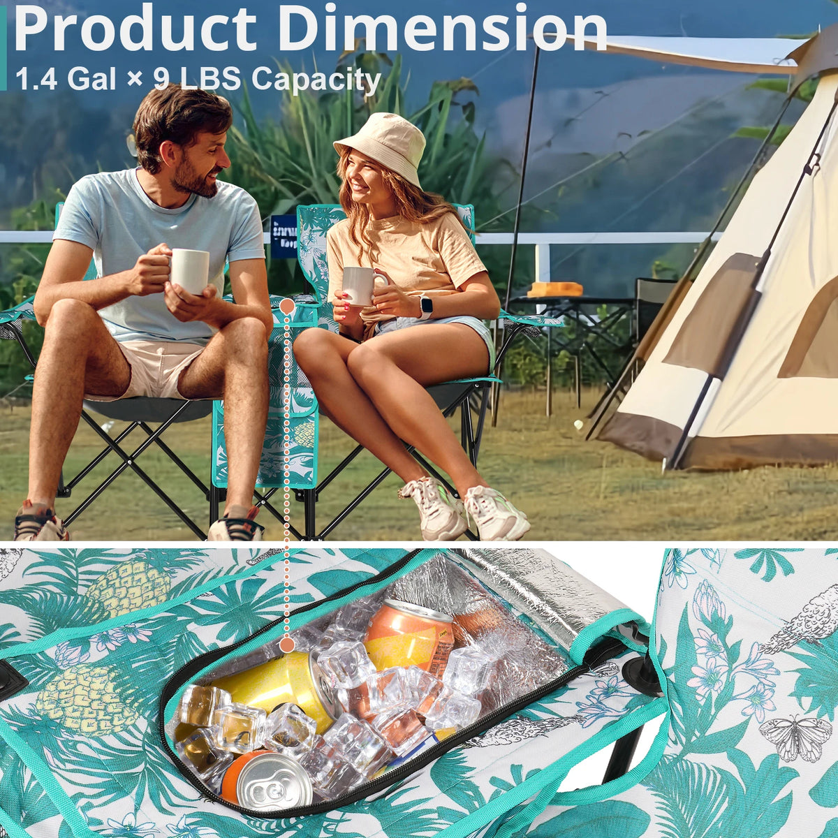 Portable Outdoor 2-Seat Folding Chair with Removable Sun Umbrella, Pineapple
