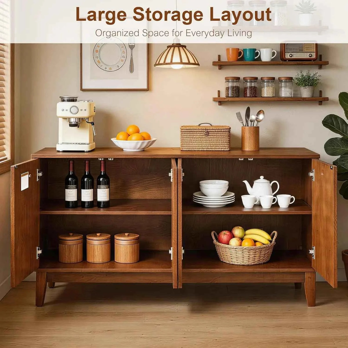 56" Mid Century Modern TV Stand, Wood Storage Cabinet, Carved Geometric Doors & 4 Door Media Console, Custom