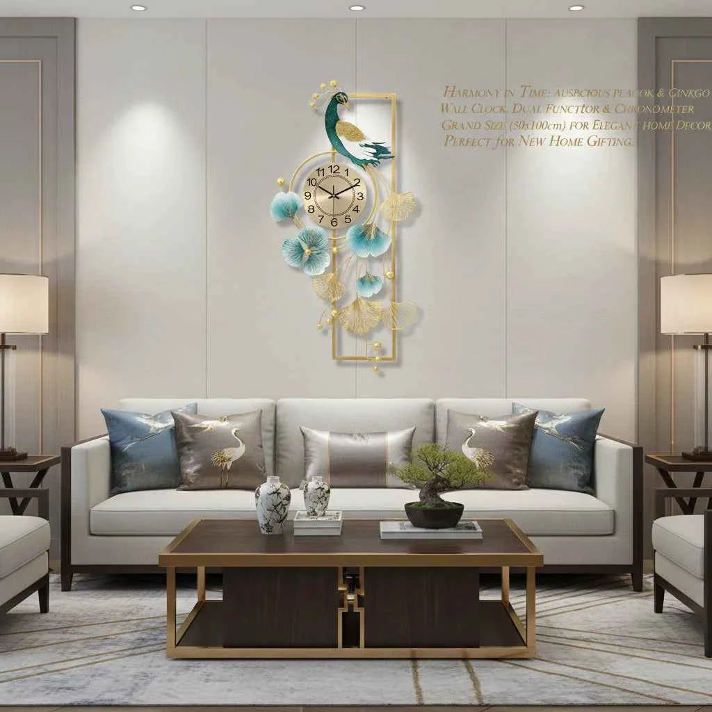 Peacock & Ginkgo Leaves Wall Clock 100x50cm, Modern Metal Wall Decor with Silent Sweep Movement, Decorative Art Clock, Gold