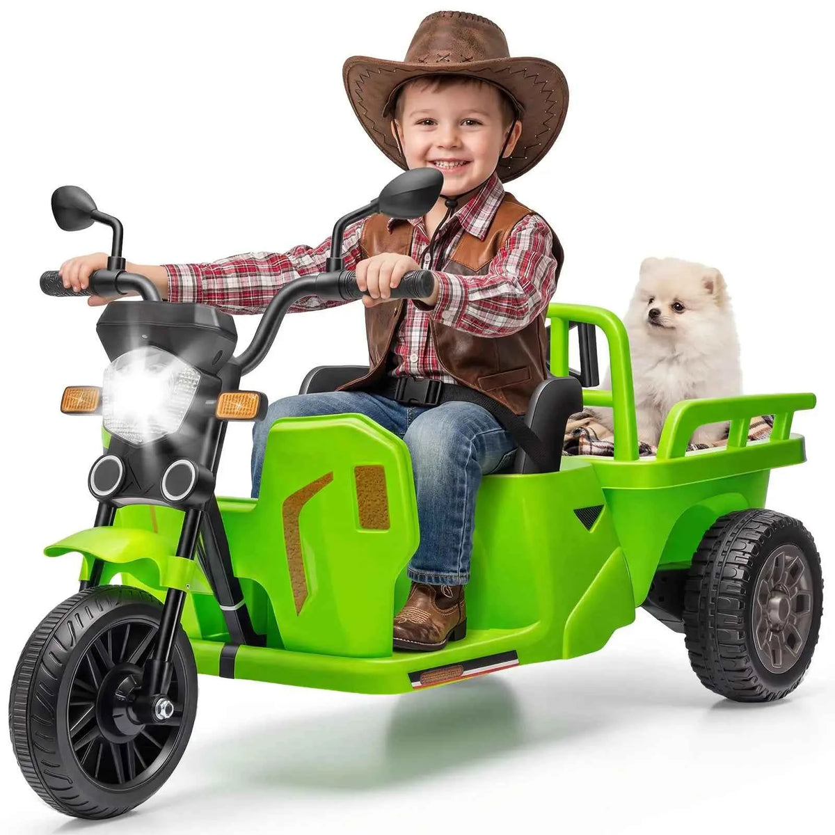 12V Kids Electric Tricycle With Trailer, 110W Ride On Motorcycle Tractor, Sand Shovel, Bluetooth Music, LED Headlight, 3 Speeds