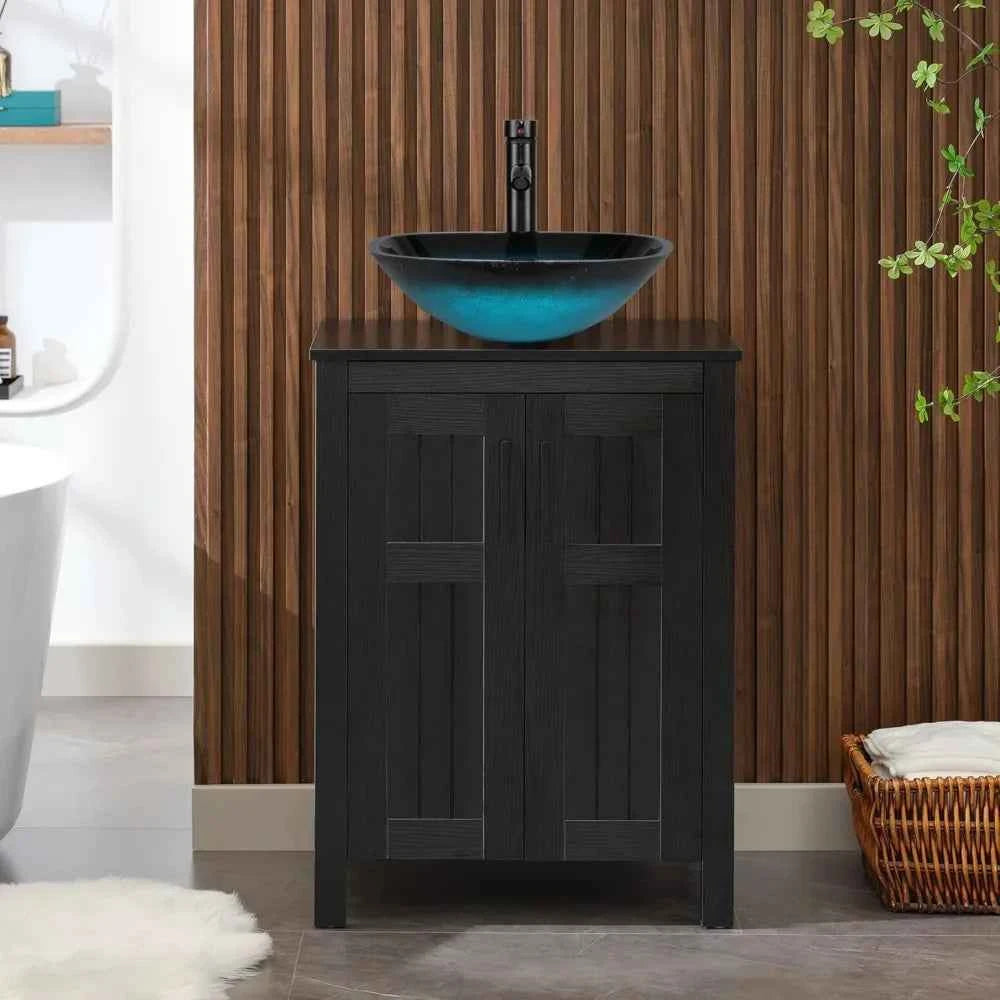 Black 24" Bathroom Vanity with Sink Combo,Modern Vanity with Vessel Sink,Stylish Bathroom Vanity Cabinet,Grooved, Customized