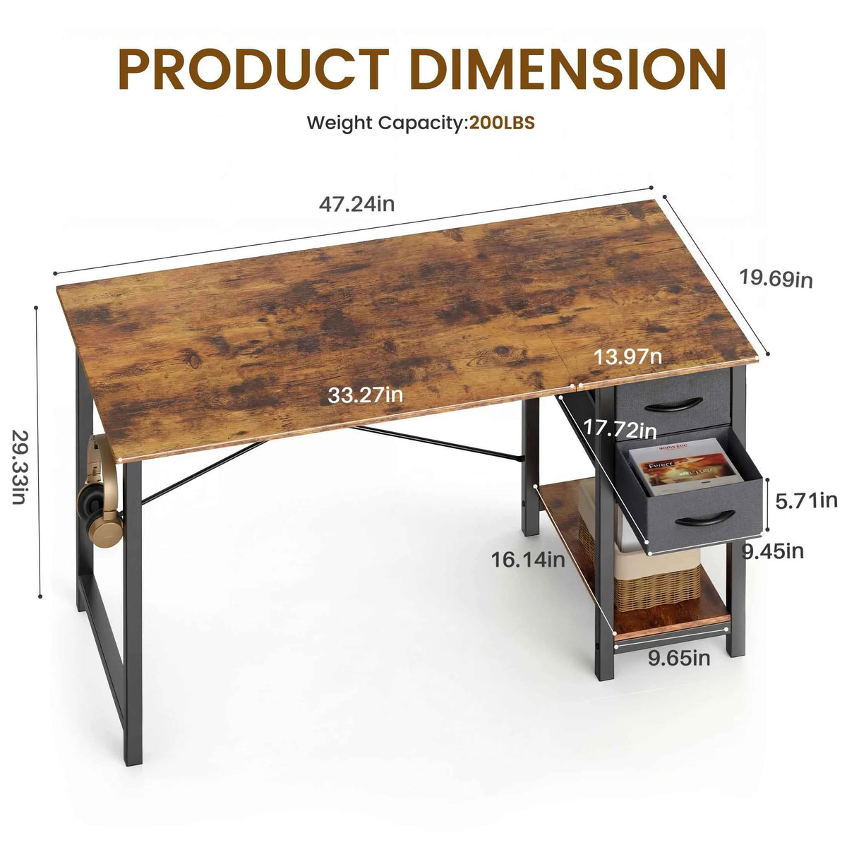 MCQ 47 Inch Standing Office Computer Desk with Drawers and Side Hook. Ergonomic. With Storage, X‑Frame Stability For Home, Office, Small Space