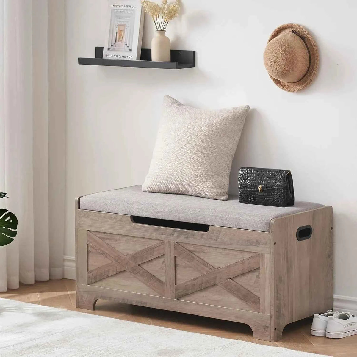 Storage Bench Storage Chest with 2 Safety Hinges Liftable top Shoe Bench Retro Wooden for Entryway, Bedroom, Living Room