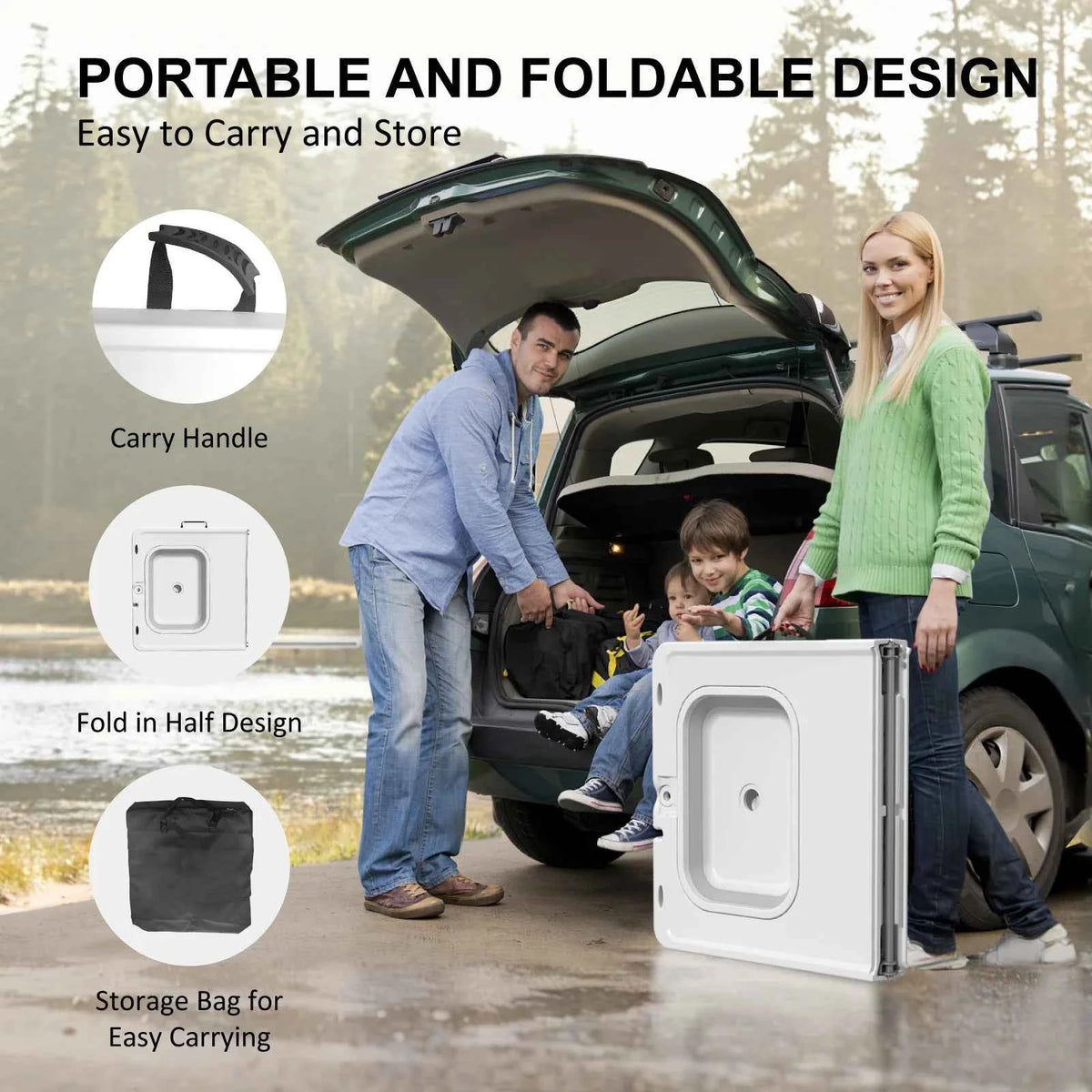 42.5"  Table with Sink, Folding Camping  Cleaning Station with Measure, Mark & Hose Hookup, Outdoor Fillet Table for Picnic, Beach, Patio, White
