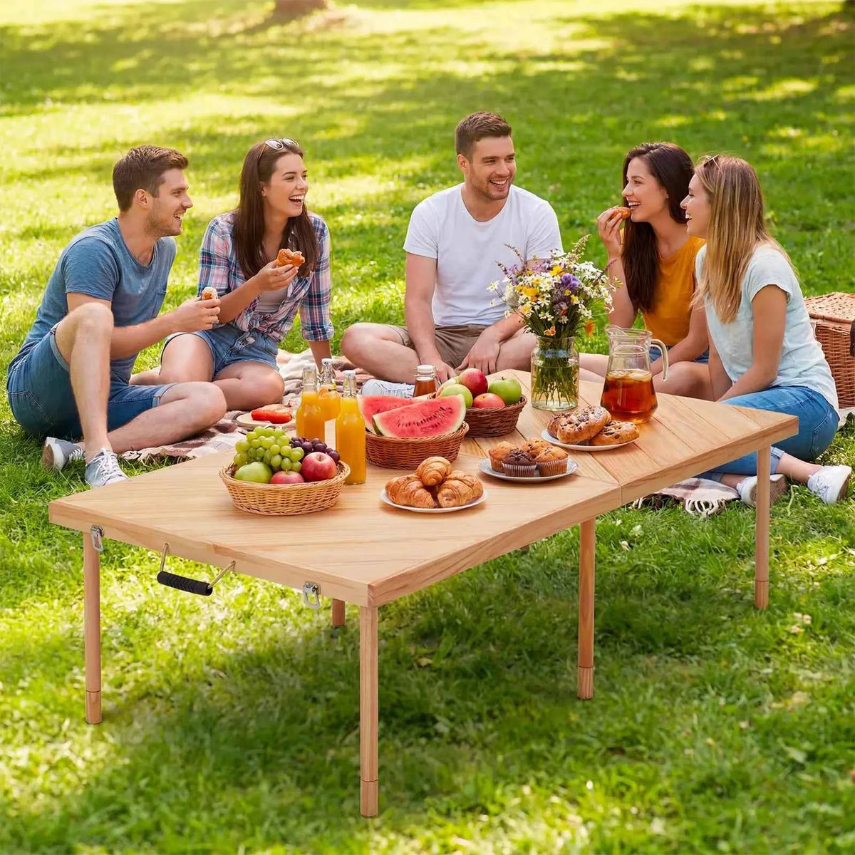 44/60in Solid Wood Portable Folding Picnic Table, Adjustable Height.  Low Table With Carry Handle, Compact Outdoor Table