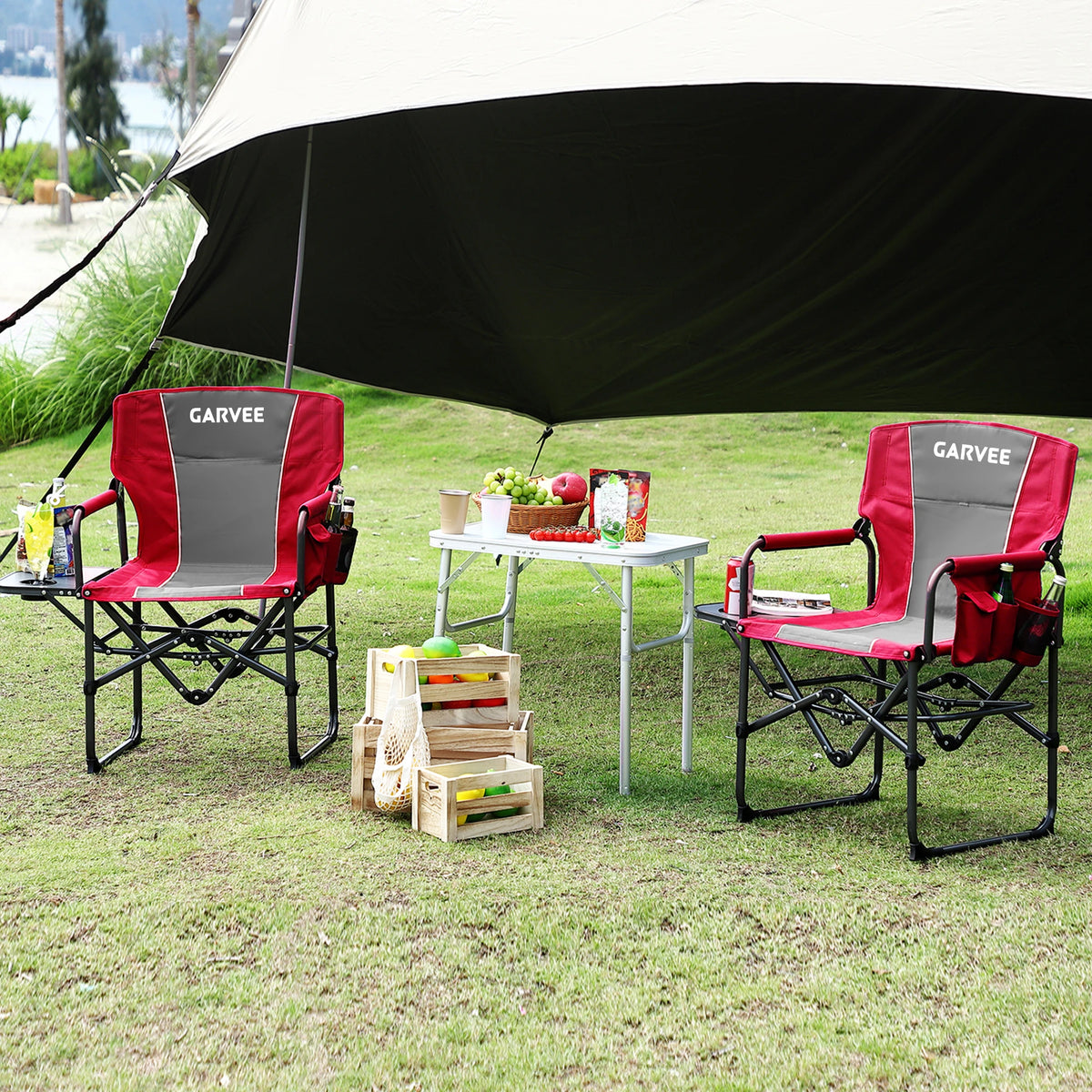 Camping Chairs 2Pack Folding Outdoor Furniture with Side Table, Cup Holder, Pocket & High Back – 400 lbs Support – Portable for Lawn, Beach, Picnic, Fishing – Comfortable Armrests