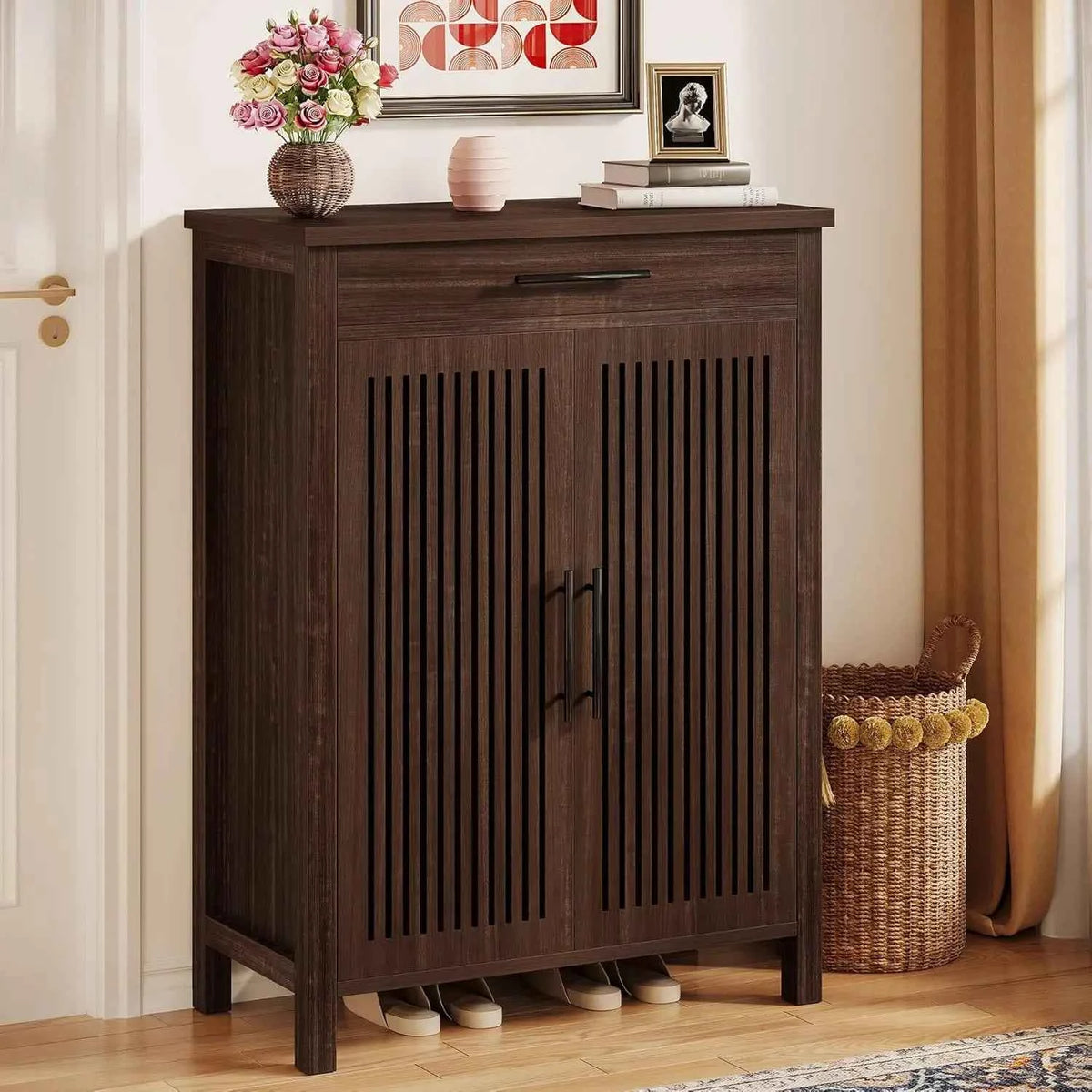 5-Tier Freestanding Shoe Cabinet.  Wooden Shoe Storage Organizer with Louvered Doors And Drawer. Customizable