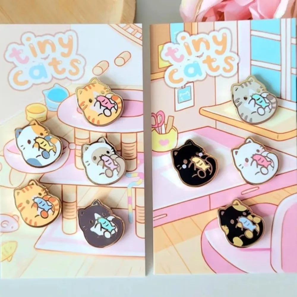9PCS/SET Cute Tiny Cat Enamel Pins. Kawaii Kitten Fish Badge Cartoon Animal Brooch for Jewelry Accessory Gifts for Cats' Lovers