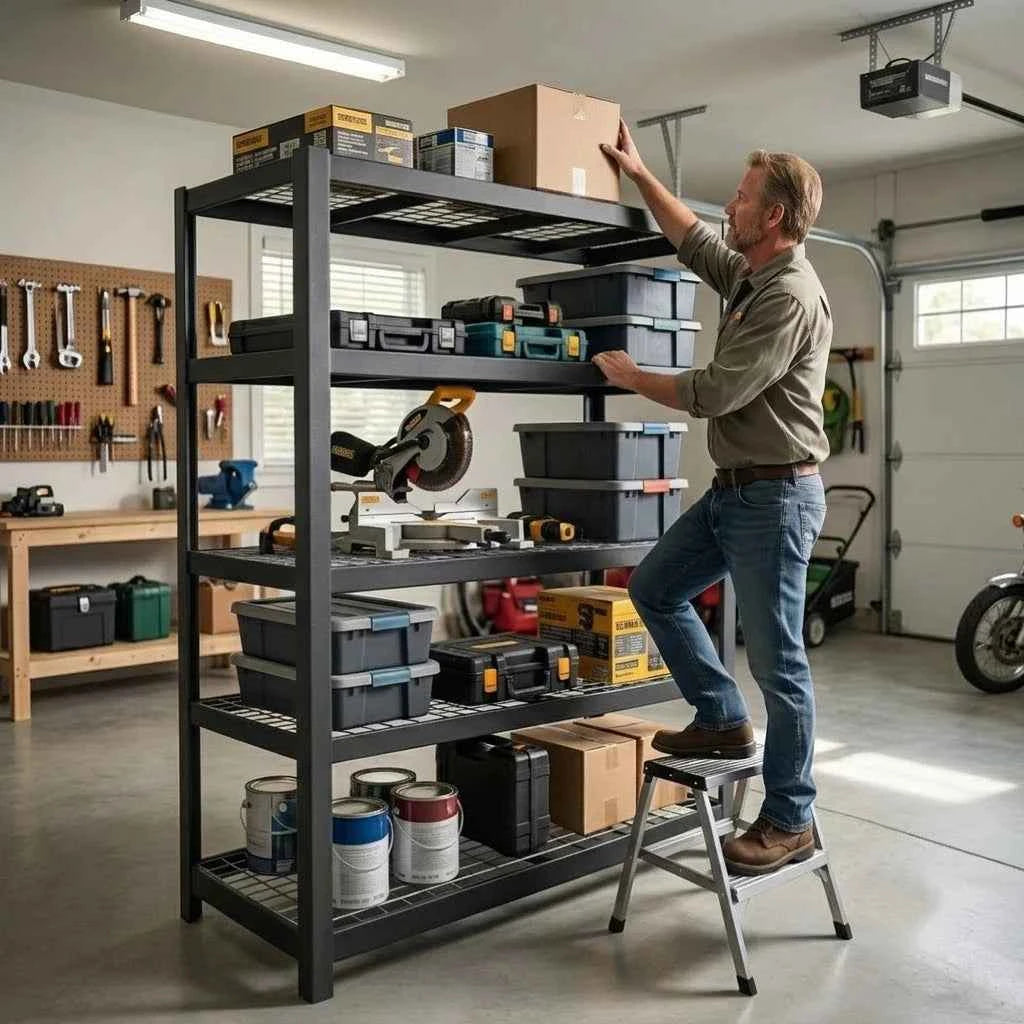 5 Tier Wide Mesh Steel Storage Shelf Heavy Duty Garage Organizer Rack,  Adjustable Height Metal Shelving