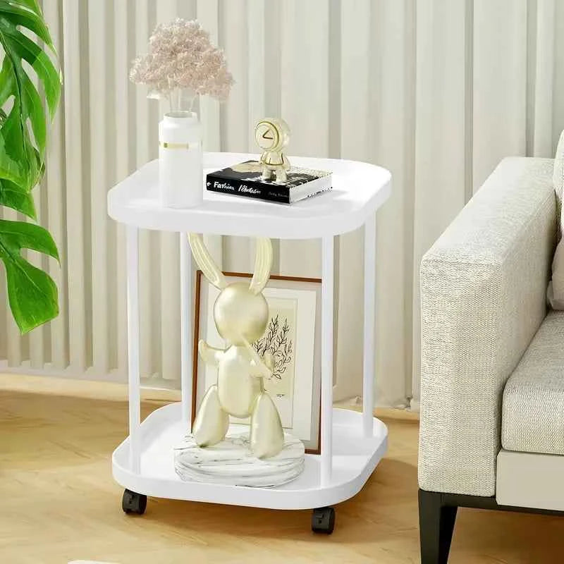 Multifunctional 2-Tier Round Side Table with Lockable Wheels, INS Style  Movable Storage Rack Cart,