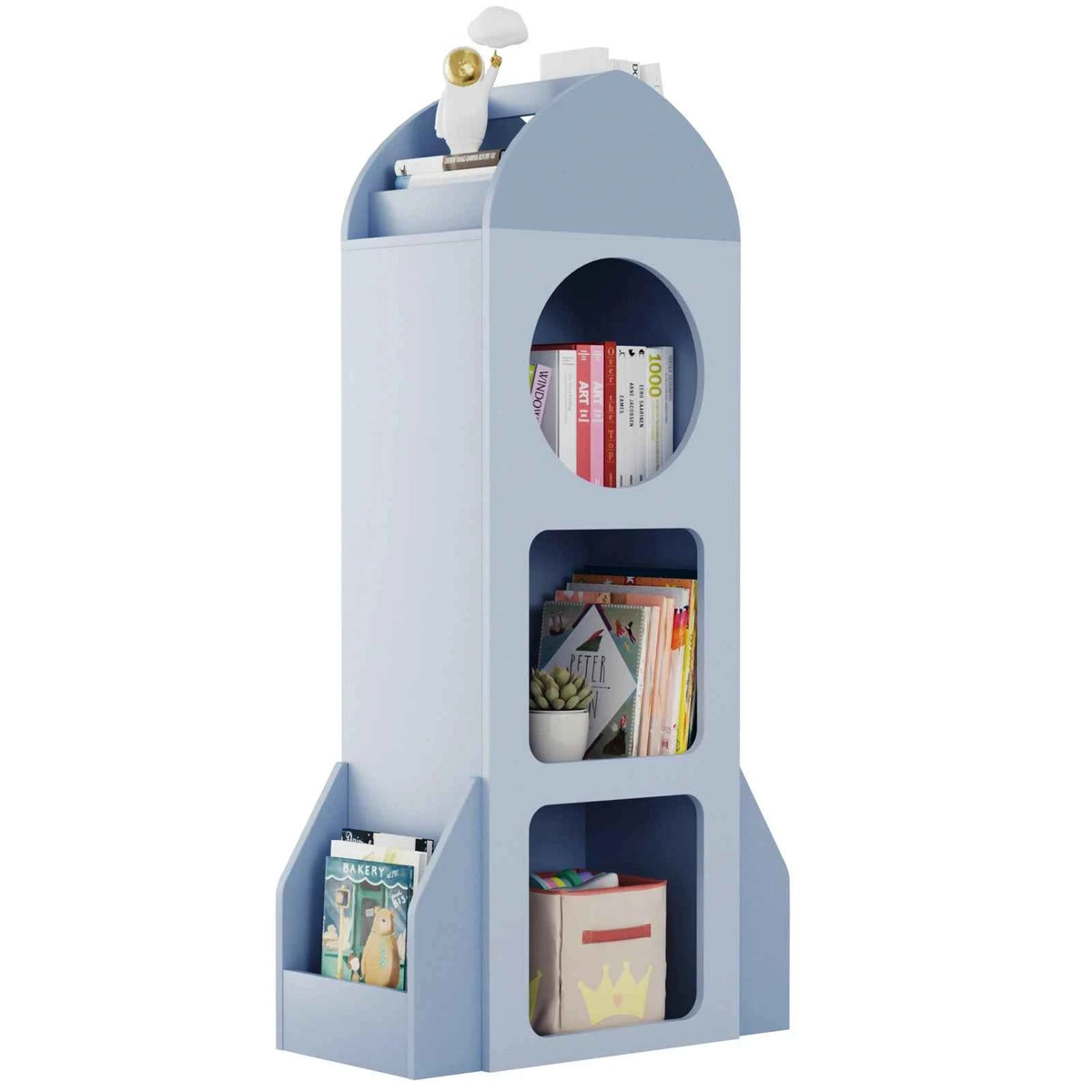 Kids Bookshelf & Toy Storage, 3-Tier Rocket Baby Book Shelf with Side shelves, Wood Open Toddler Bookcase, Spacious Display Organizer