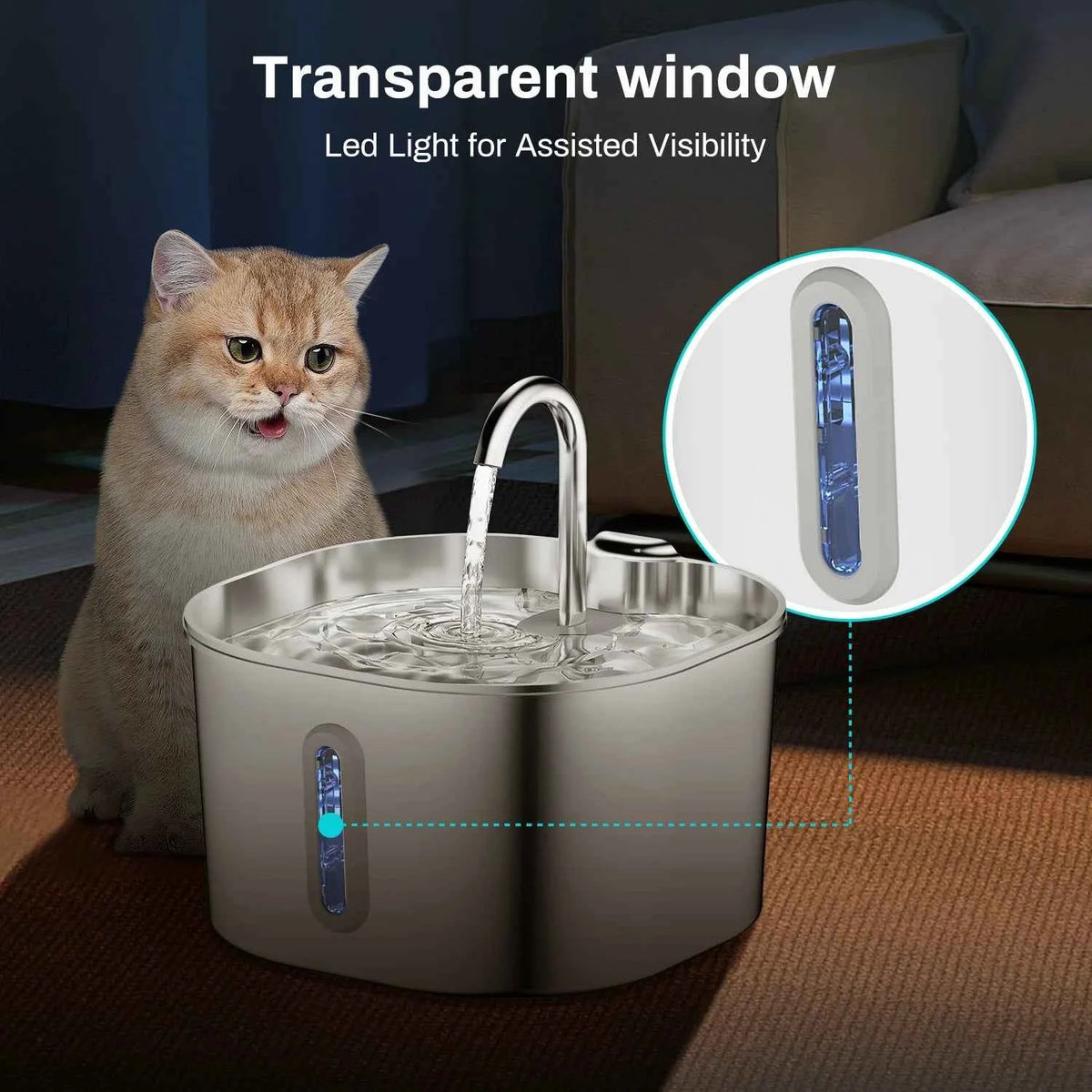 2.2L Automatic  Water Fountain that is  Stainless Steel for Pets  with Window （No 5V 1A Plug）