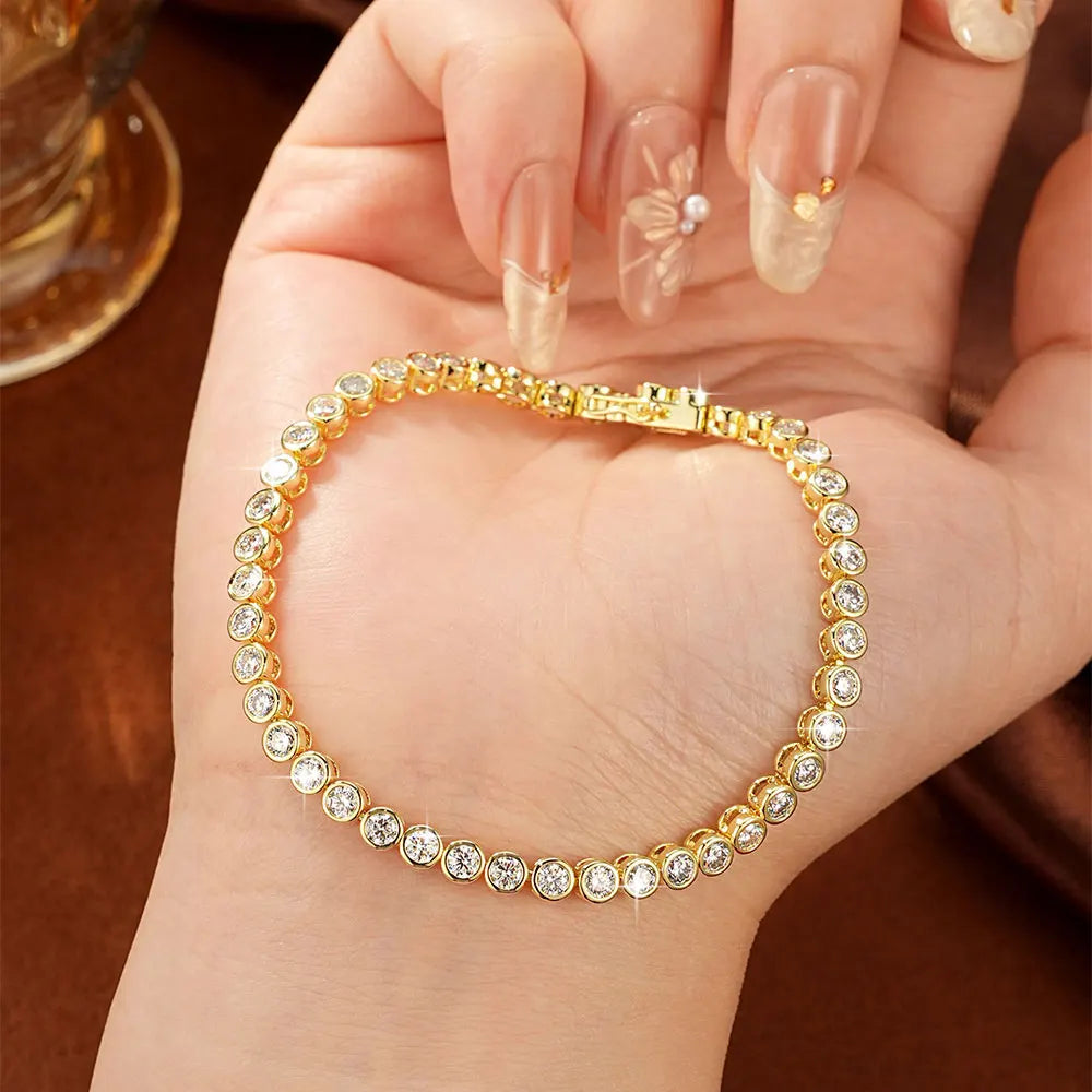 OXTAO Bezel Set Moissanite Tennis Bracelet, 14K Gold Filled D Color VVS1 Round Cut Imitation Diamond Bracelet, Gifts for Women