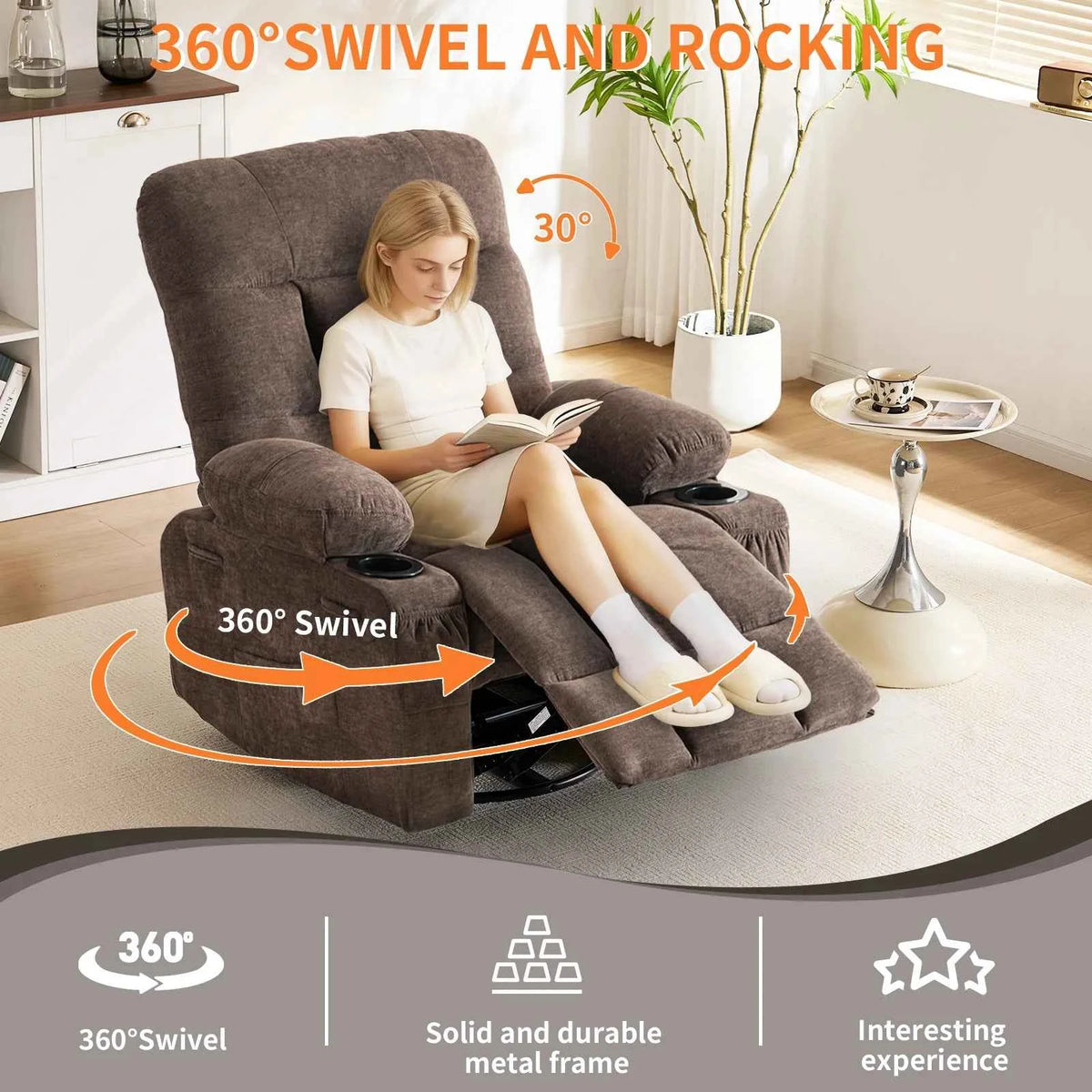 360° Swivel Rocker Recliner Chair with Cup Holders & Side Pockets,