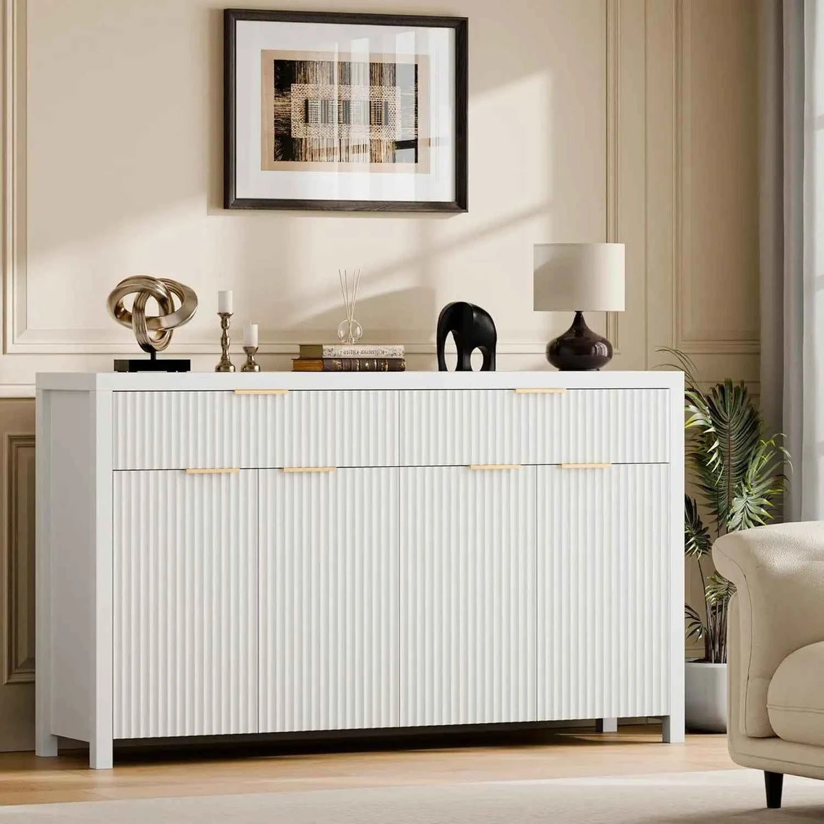 55" Fluted Wood Buffet Sideboard Cabinet, Adjustable Shelves. Custom