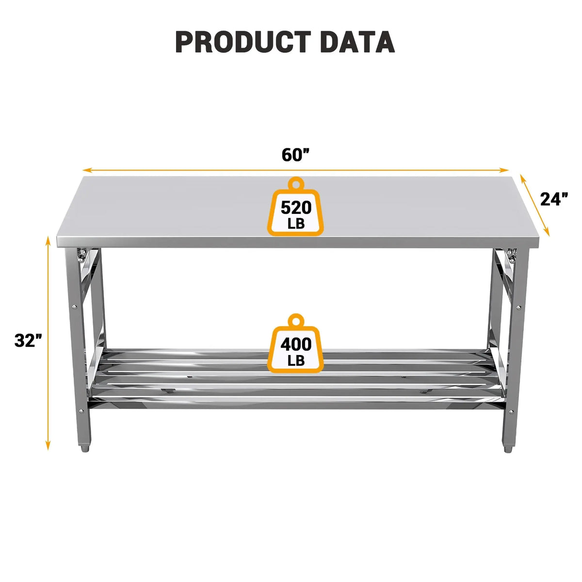60"×24" Foldable Stainless Steel Prep Table, NSF Heavy-Duty Workbench with Adjustable Undershelf, Kitchen, Outdoor, Commercial Cooking Work Table - Myaccessoriesstore