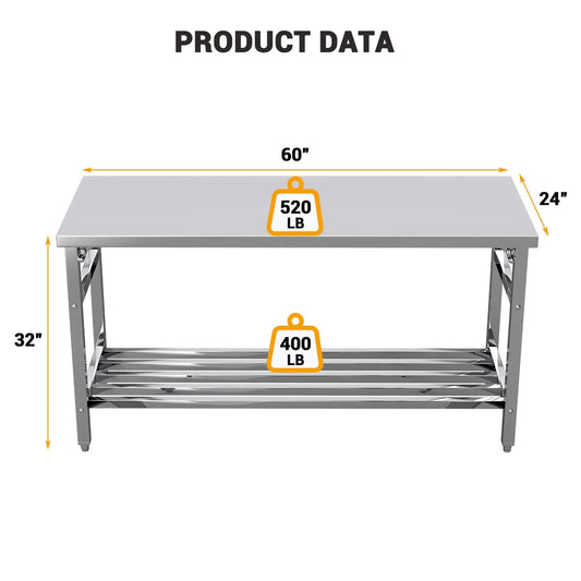 60"×24" Foldable Stainless Steel Prep Table, NSF Heavy-Duty Workbench with Adjustable Undershelf, Kitchen, Outdoor, Commercial Cooking Work Table - Myaccessoriesstore