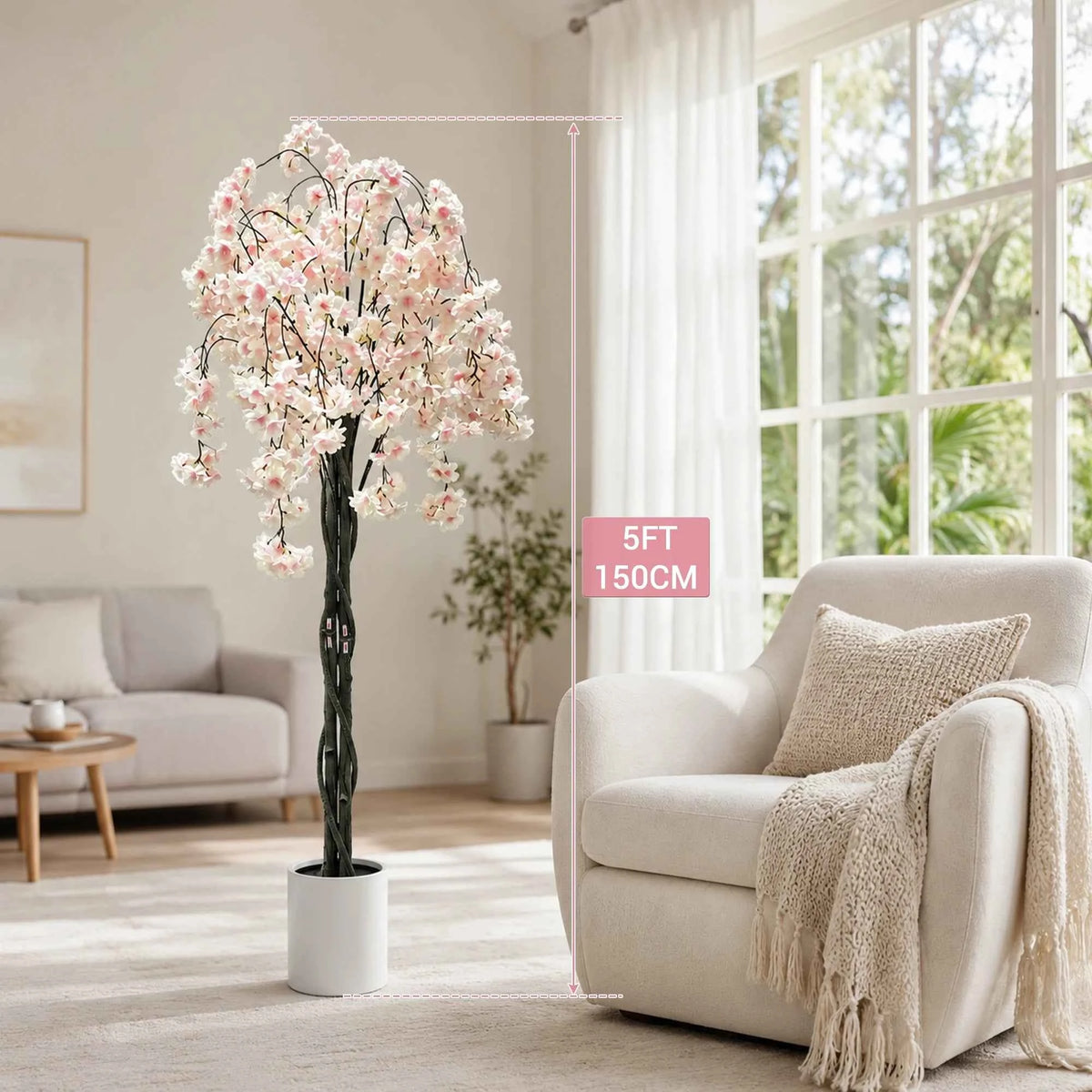 Artificial Cherry Blossom Tree, White Flower Faux Plant in Pot for Home,Office,Wedding,Garden,Party,Hotel Decoration