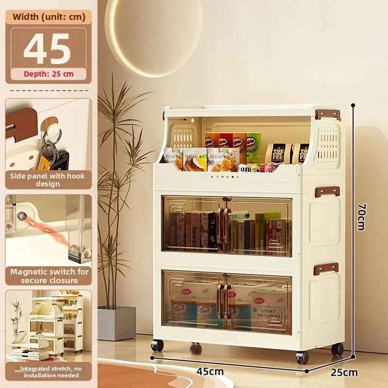 3/4-Tier Storage Cabinet with Wheels, Freestanding Kitchen Pantry Organizer with Flip Top & Transparent Doors, Plastic Rolling Storage.