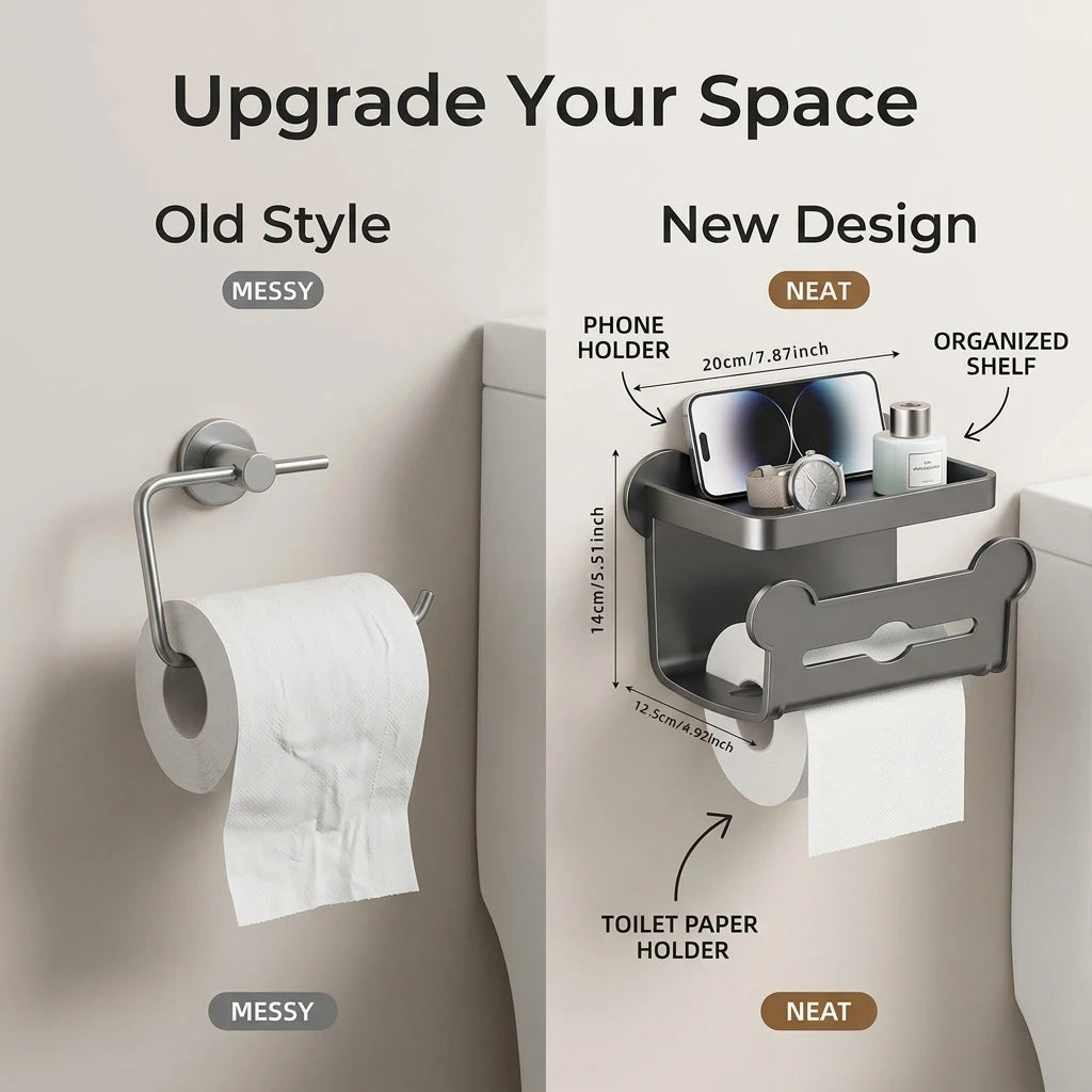 Toilet Paper Holder with Shelf. Wall Mounted Bathroom Tissue Box Storage Rack with Phone Stand for a Roll of Paper. Grey Modern Space Saving Dispenser, 7.87 x 5.51 x 4.92 Inches, Washroom Organizer