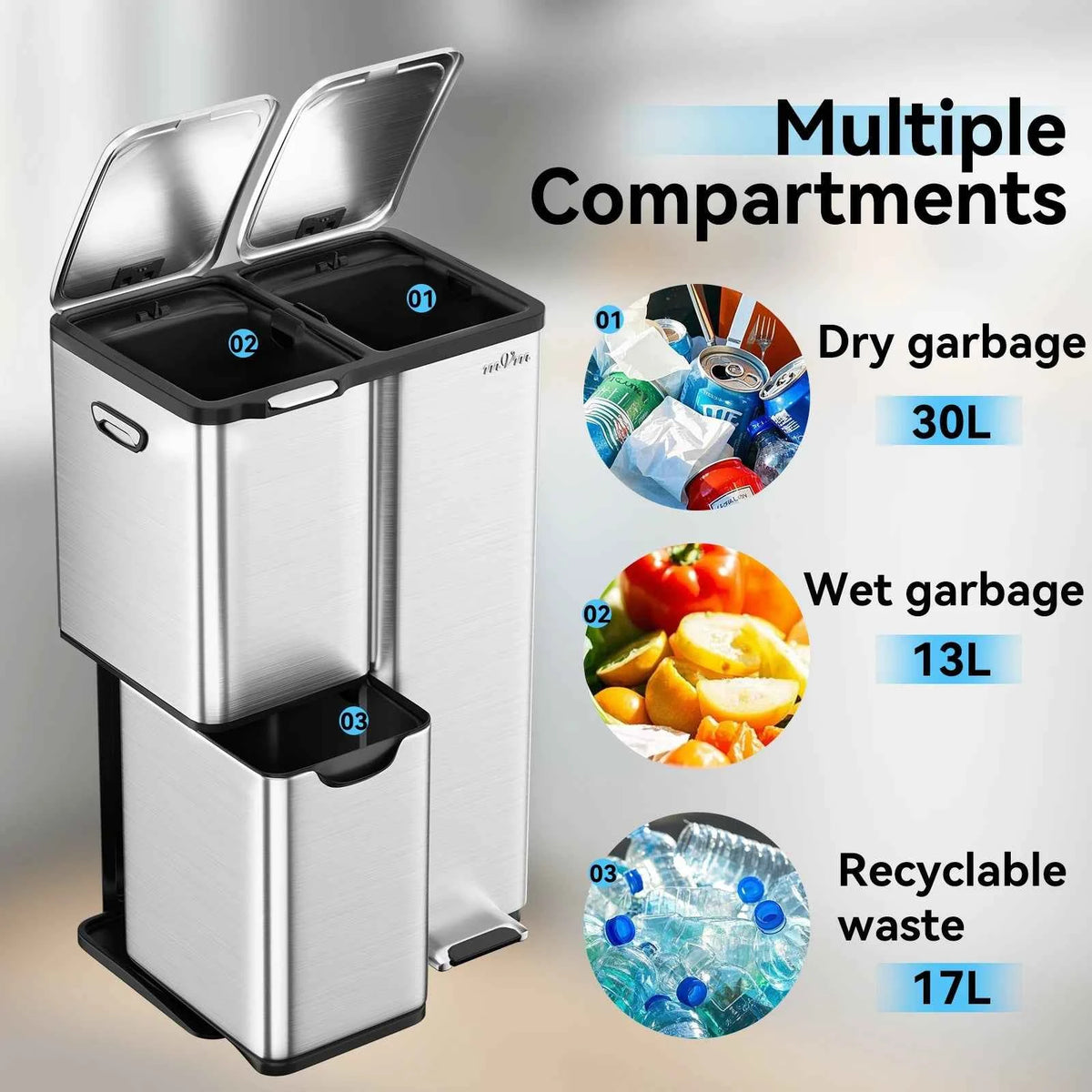 mVm 60L Three-Compartment Stainless Steel Recycling Trash Can, Kitchen Trash Can/Recycling Sorting Bin